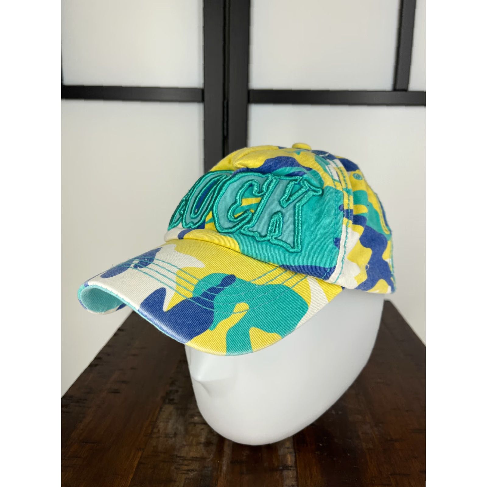Vintage ROCK Hat Cap Strap Back Adult One Size Blue Yellow Embroidered Camo Cotton Size ONE SIZE - 4 Thumbnail