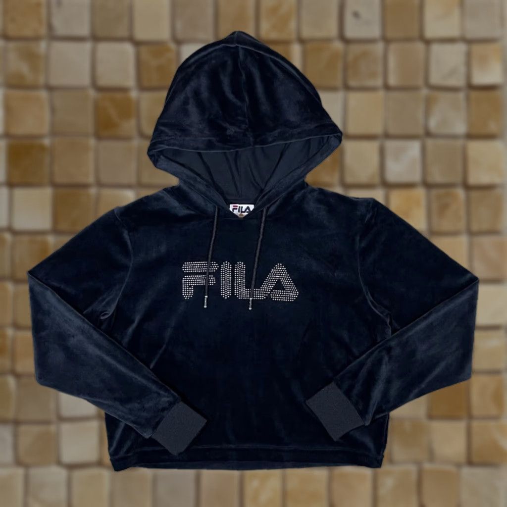 Fila FILA Rhinestone Diamante Spellout Black Velour Cropped Hoodie Women's M Color Black Hoodie Womens M Velour Cropped Dilamante Spellout Size M / US 6-8 / IT 42-44 - 1 Thumbnail
