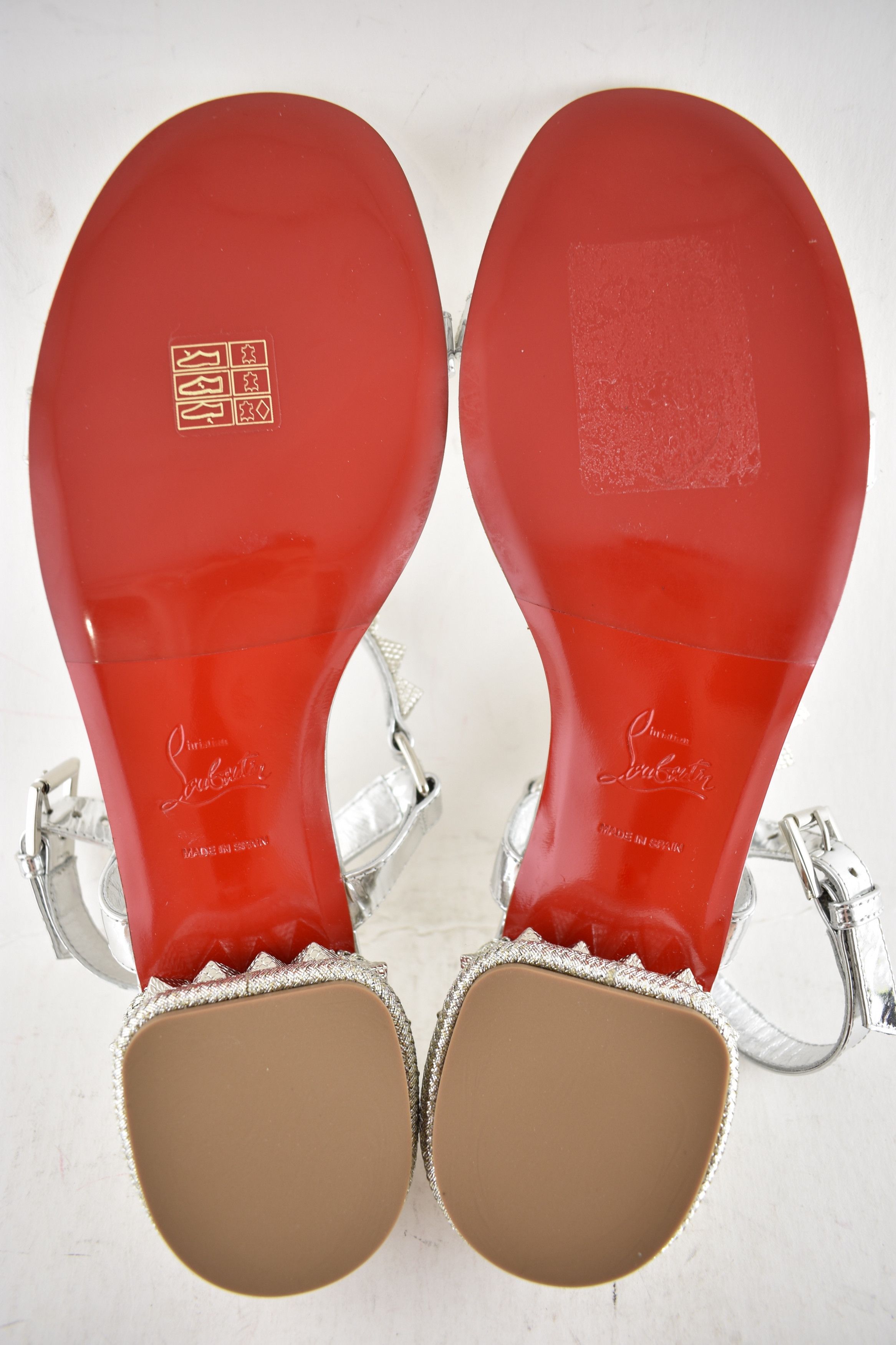 Christian Louboutin Pyrasand 30 Silver Leather Block Heel Ankle Strap Sandal 38 Size US 8 / IT 38 - 17 Thumbnail