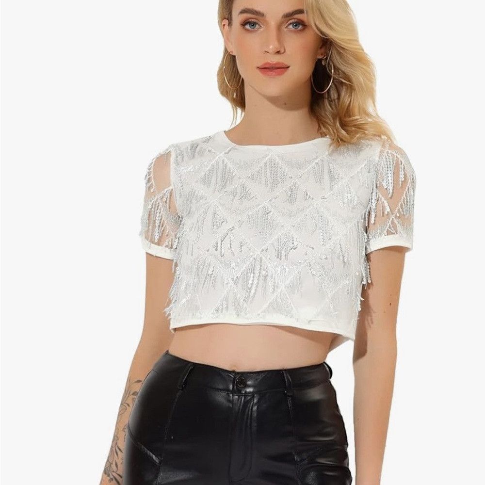Designer Allegra K Women's Glitter Crop Top Short Sleeves White Large Size XL / US 12-14 / IT 48-50 - 1 Thumbnail