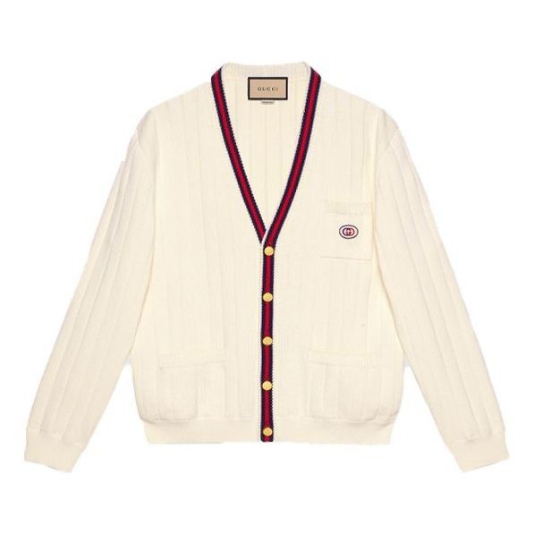 Gucci o1loc1c0925 Knit Cotton V-Neck Cardigan With Web in Ivory Size US XL / EU 56 / 4 - 1 Thumbnail