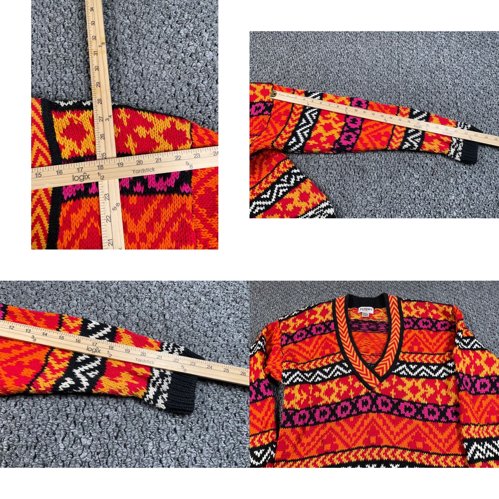 Pinko Vintage Women's Large Orange Pink Geometric Chunky Knit V-Neck Sweater 90s Retro Hipster Fall Winter Size L / US 10 / IT 46 - 8 Thumbnail