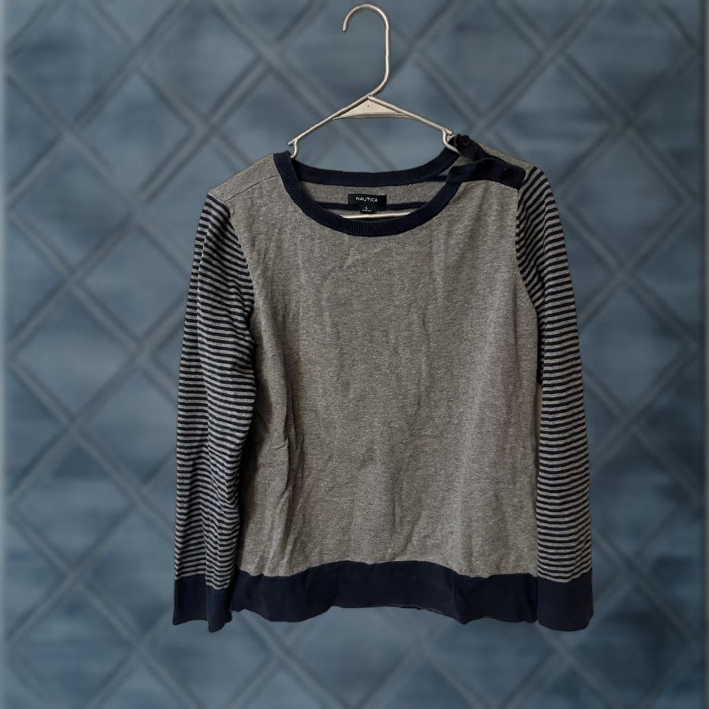 Nautica Nautica Sweater Women's Large Crew Neck Long Sleeve Striped Button Multicolor 100% Cotton Knit Pullover Classic Size L Adults Size L / US 10 / IT 46 - 1 Thumbnail