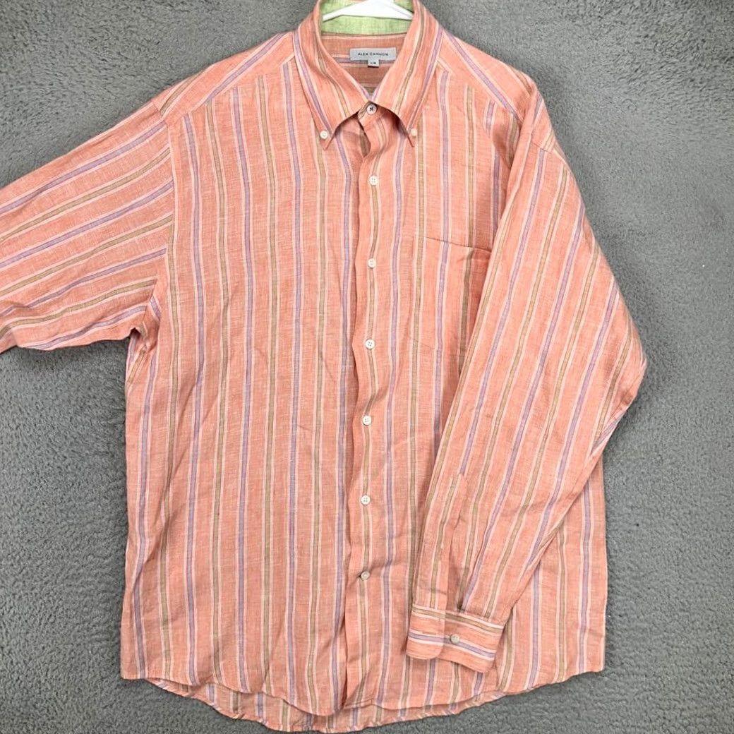 Canon Alex Cannon Shirt Adult Large Linen Button Down Striped Peach Mens Size US L / EU 52-54 / 3 - 2 Thumbnail