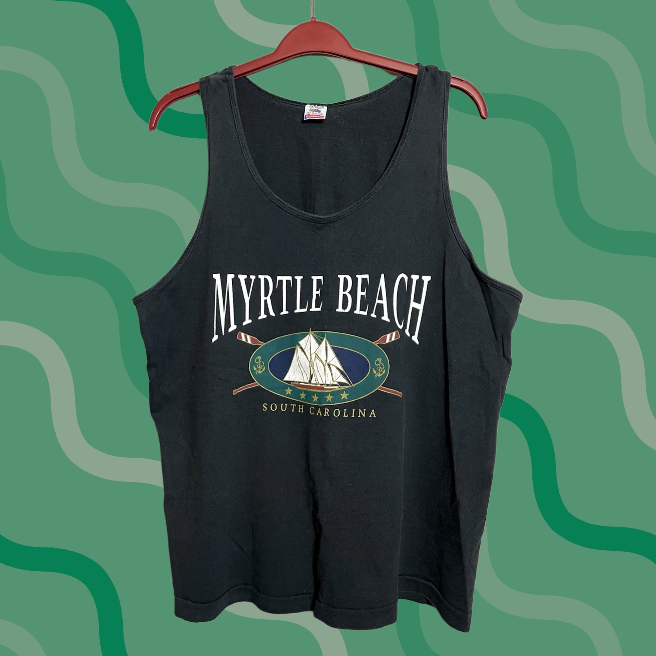 Vintage VINTAGE Myrtle Beach South Carolina Tank Top XL Unisex Adults Sleeveless Black Cotton 1990s Logo Graphic Print Beach 90s USA Tennessee River Gold Size US XL / EU 56 / 4 - 1 Thumbnail