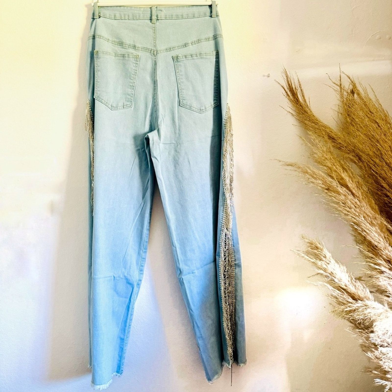 Other NEW Light Stretch Denim Crystal Fringe Tassel Split Leg Jean Size 28" / US 6 / IT 42 - 6 Thumbnail