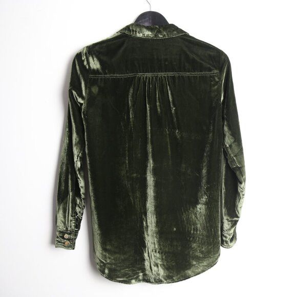 Anthropologie Pilcro Hadley Relaxed Buttondown Velvet Shirt Dark Green Size XXS / US 00 / IT 34 - 7 Thumbnail
