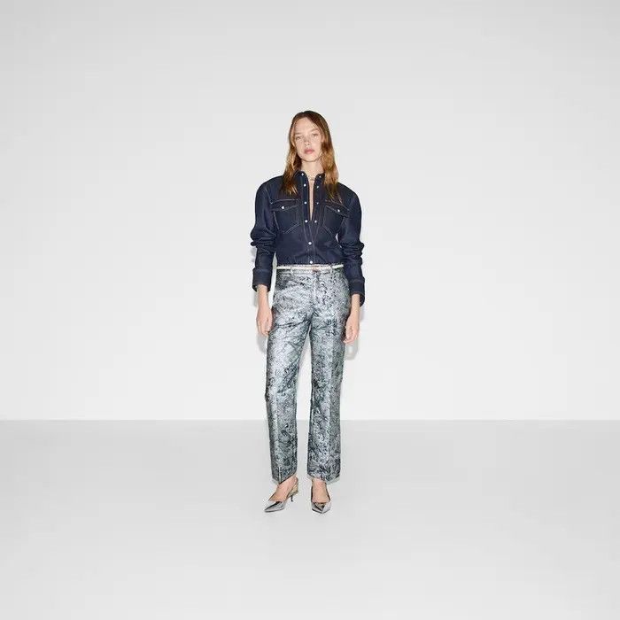 Gucci o1B3y1r0526 Flared Floral Lamé Brocade Pant in Blue Size 32" / US 10 / IT 46 - 2 Thumbnail
