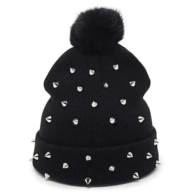 image of Vintage Rivet Winter Pompom Beanies Punk Rock Hats in Black, Men's