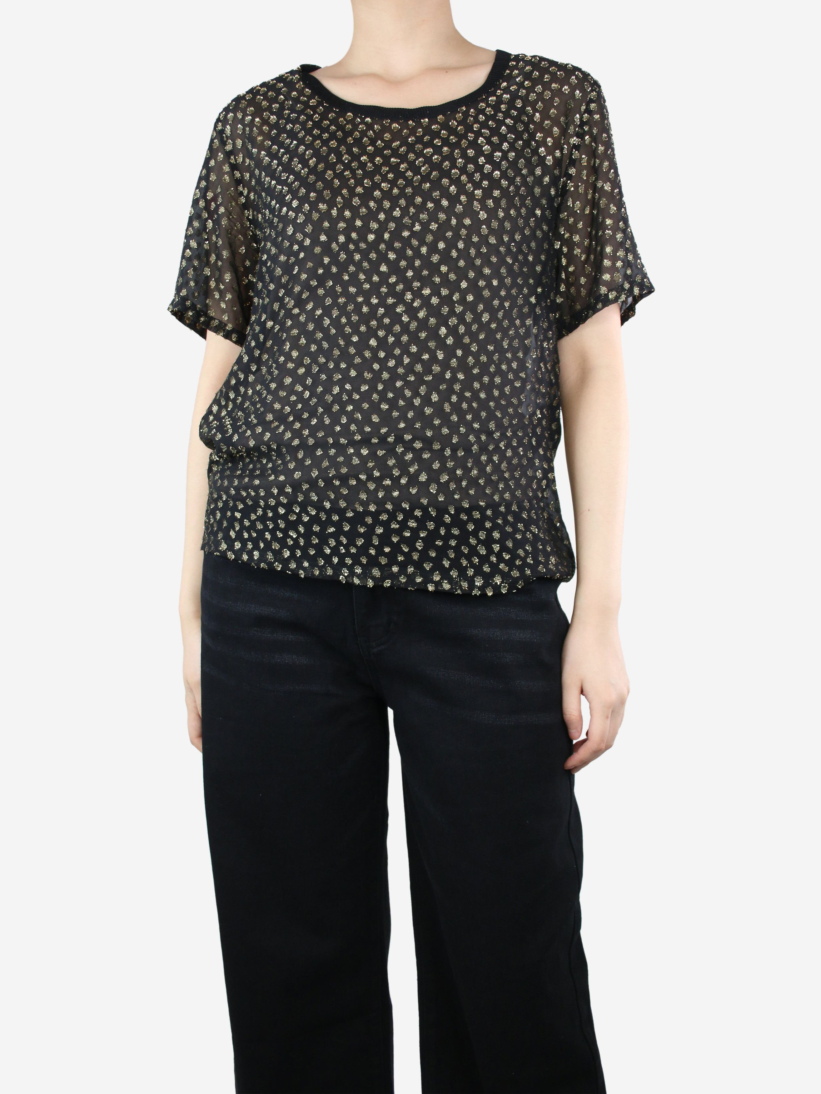 image of Saint Laurent Paris Black Sheer Lurex Polka Dot Top - Size Uk 14, Women's