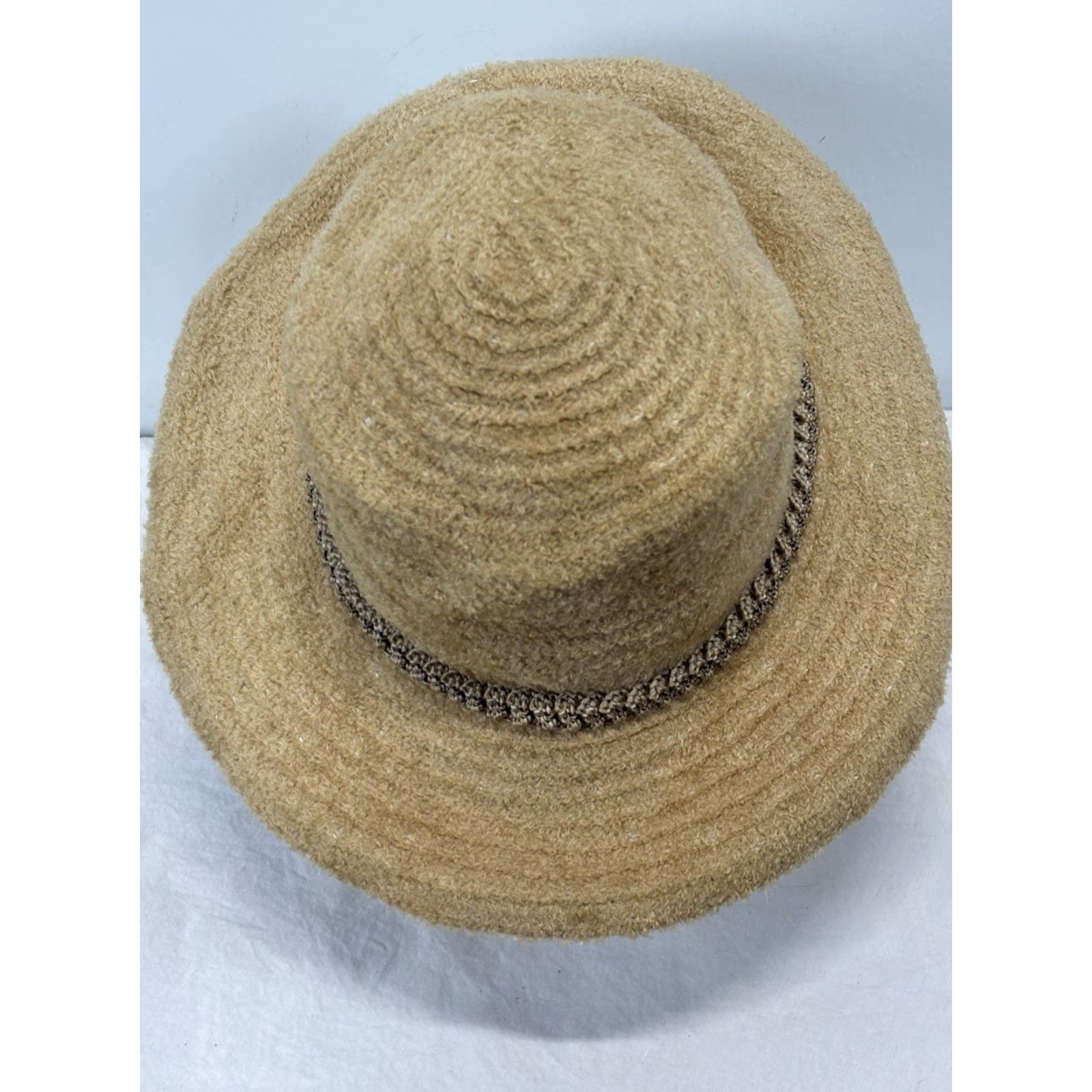 Vintage VINTAGE Chenille Wide Brim Hat Crochet Flower Detail Tan 90s Womens Size ONE SIZE - 4 Thumbnail