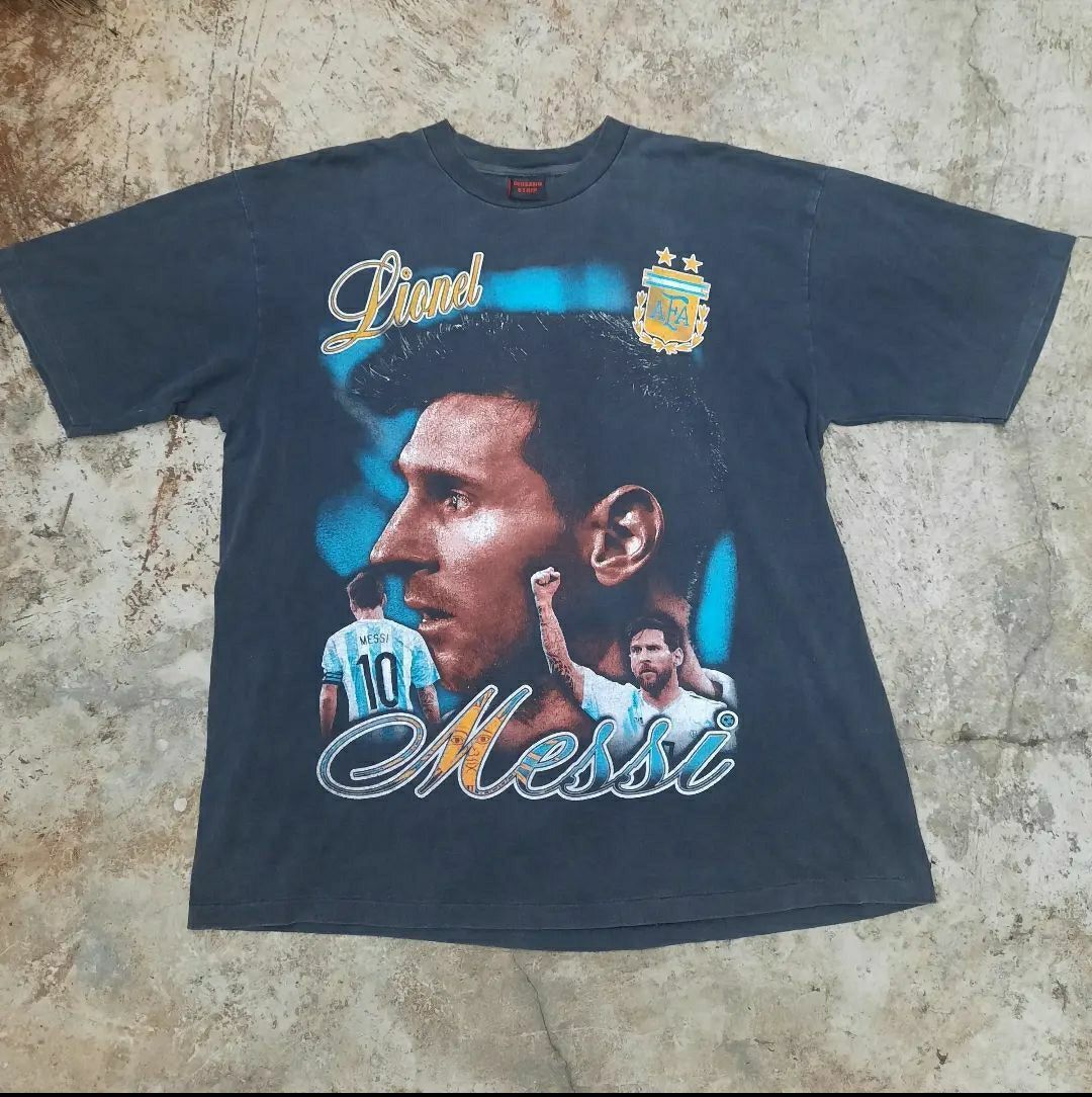 image of Soccer Jersey x Vintage Messi La Pulga Soccer Bootleg Tees in Faded Black, Men's (Size XL)