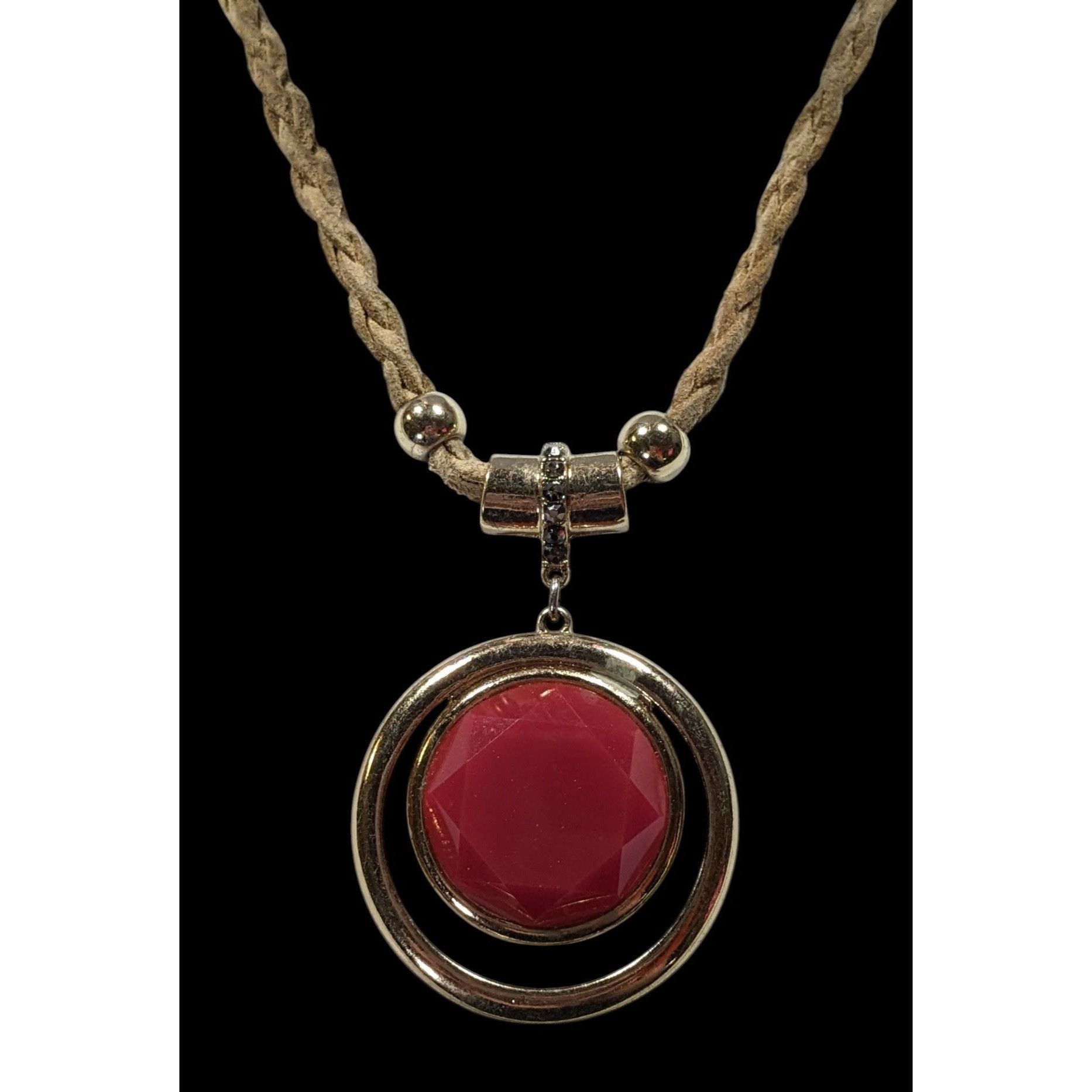 Other INC Red Gemmed Medallion Necklace On Tan Suede Braided Cord Size ONE SIZE - 2 Thumbnail