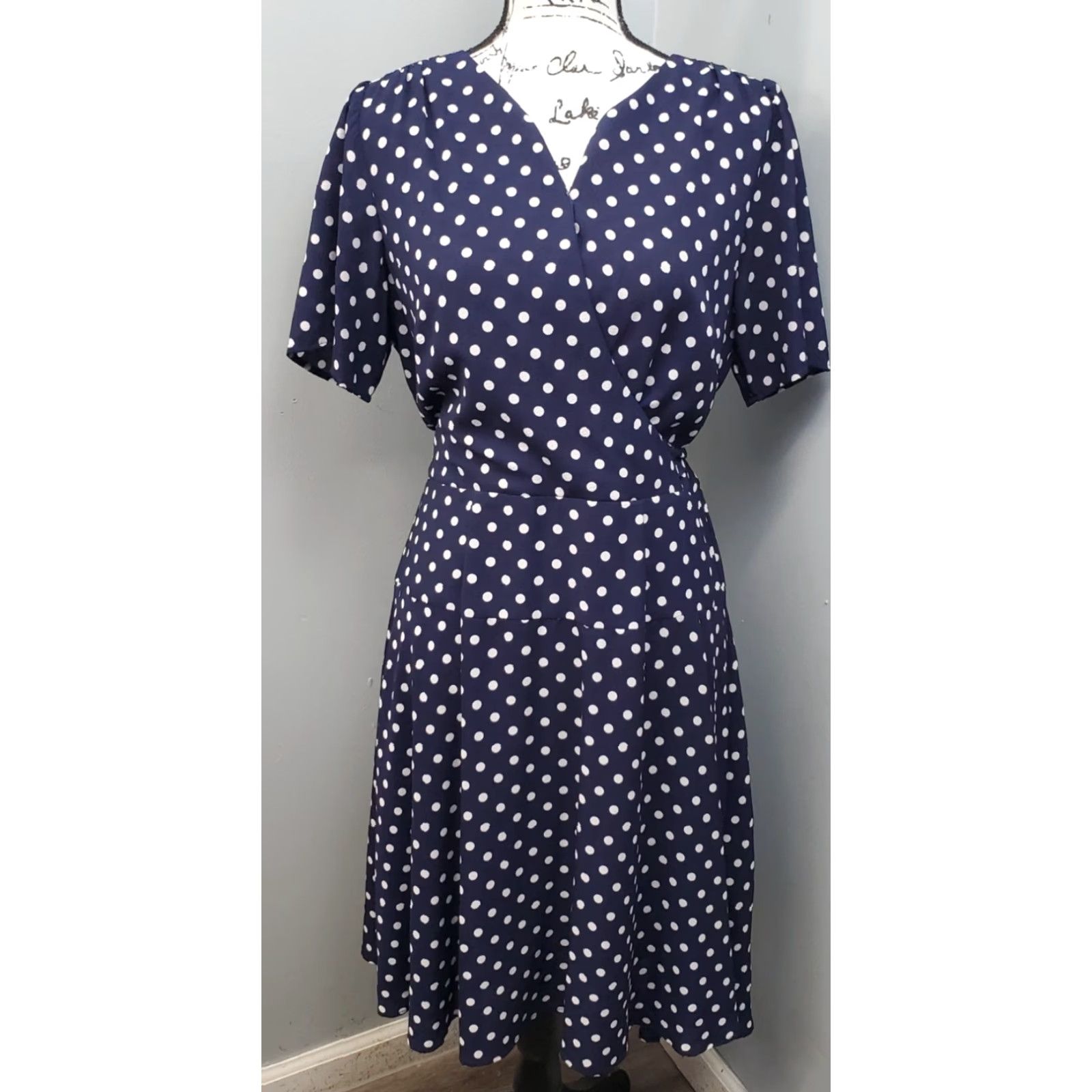 Vintage Rabbit Wrap Dress Womens Size 12 Navy White Polka Dot Lined Swing Hem Zip V-Neck Size XL / US 12-14 / IT 48-50 - 2 Thumbnail