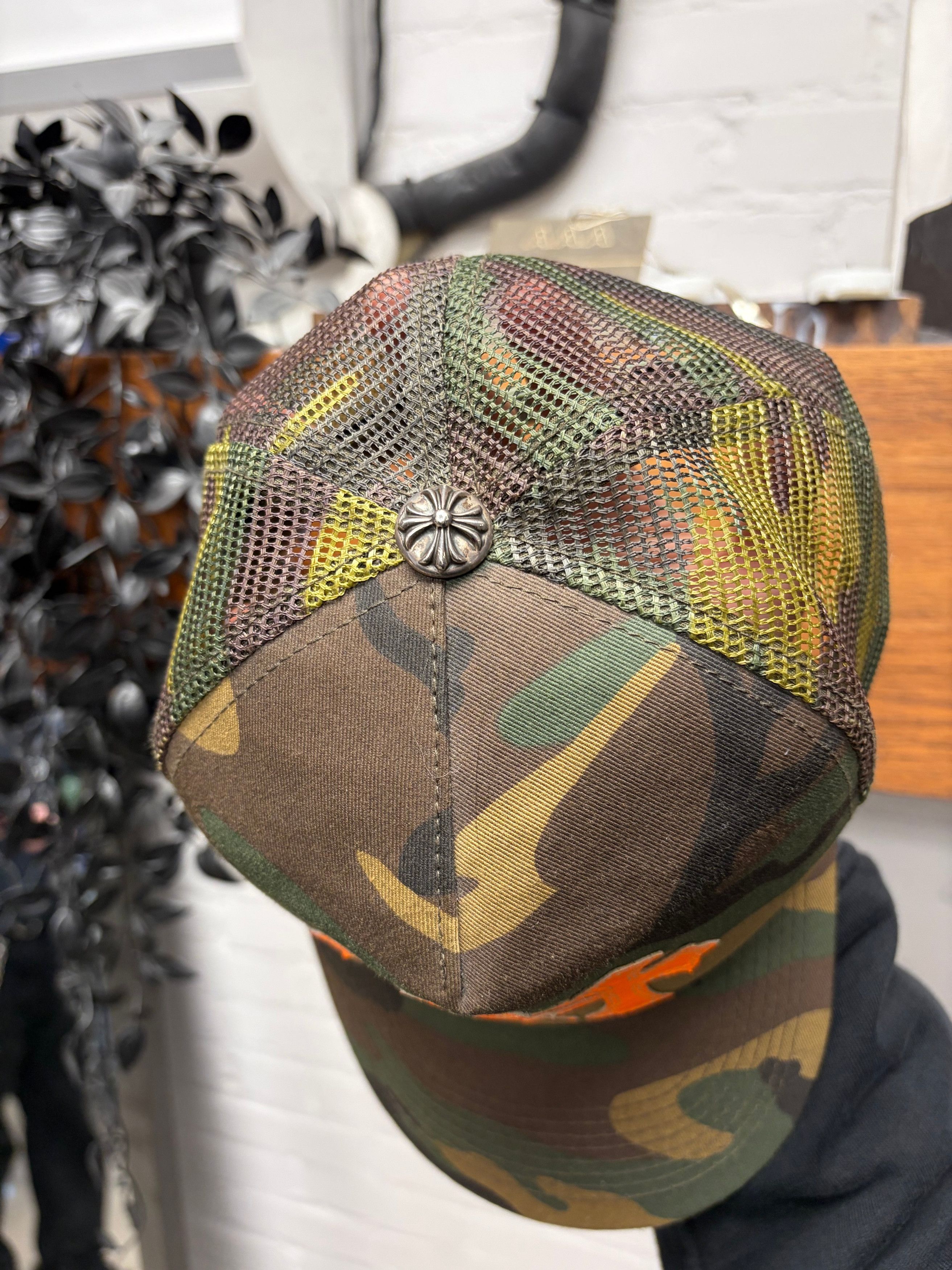 Chrome Hearts Chrome Hearts Orange ‘Cemetery’ Leather Cross Patch Camo Trucker Hat Size ONE SIZE - 3 Thumbnail