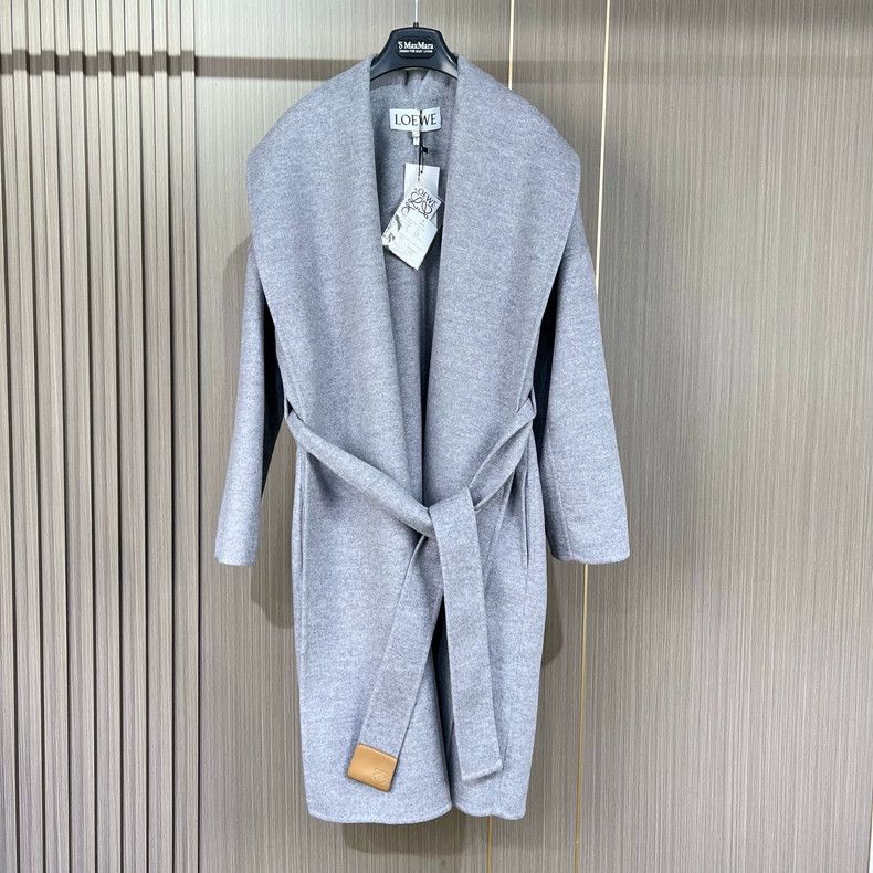 LOEWE size32 Grey leather badge Logo belt cashmere coat