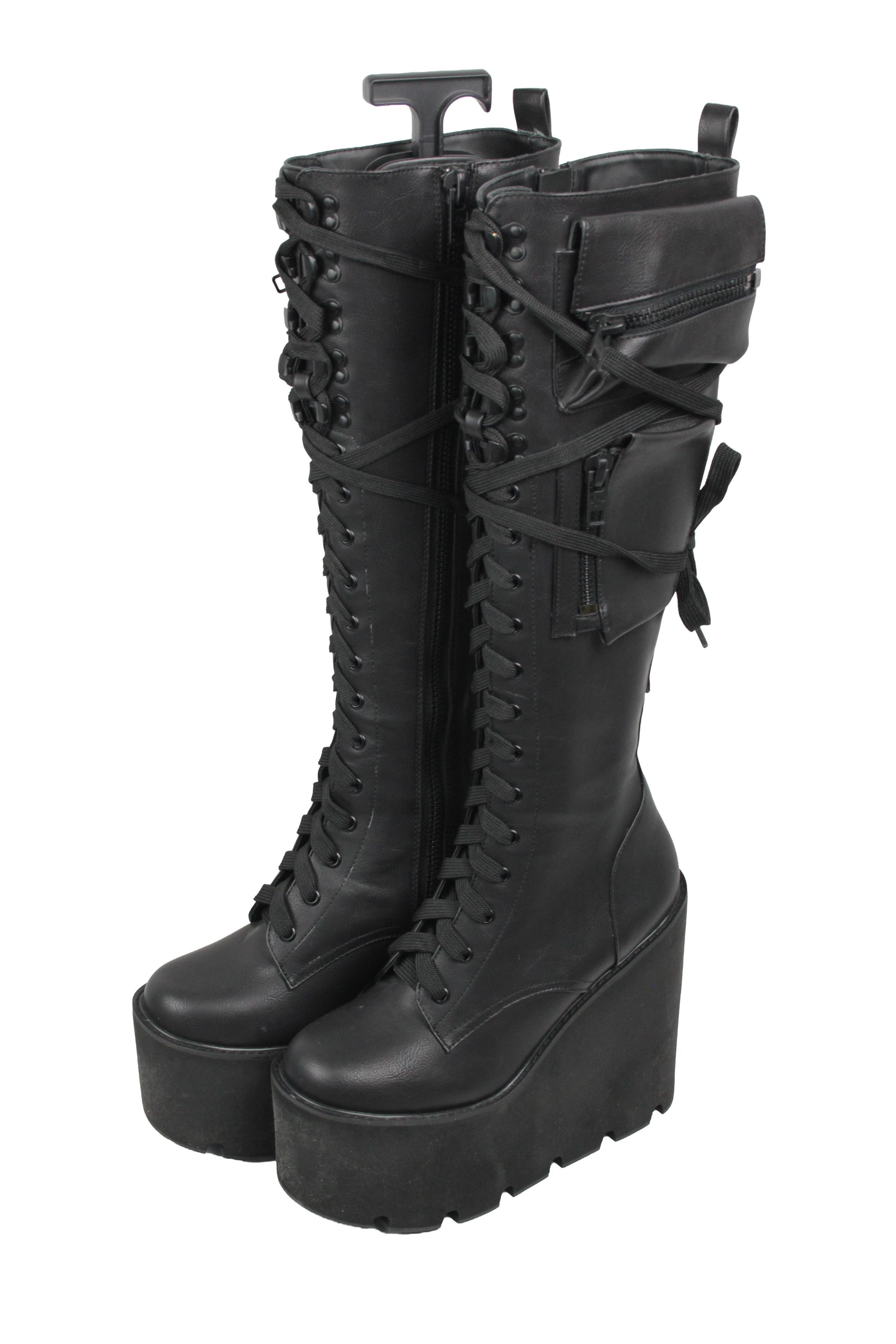 Dolls Kill Current Mood Obsidian Y2K Platform Cargo Wedge Boots Size US 9 / IT 39 - 3 Thumbnail