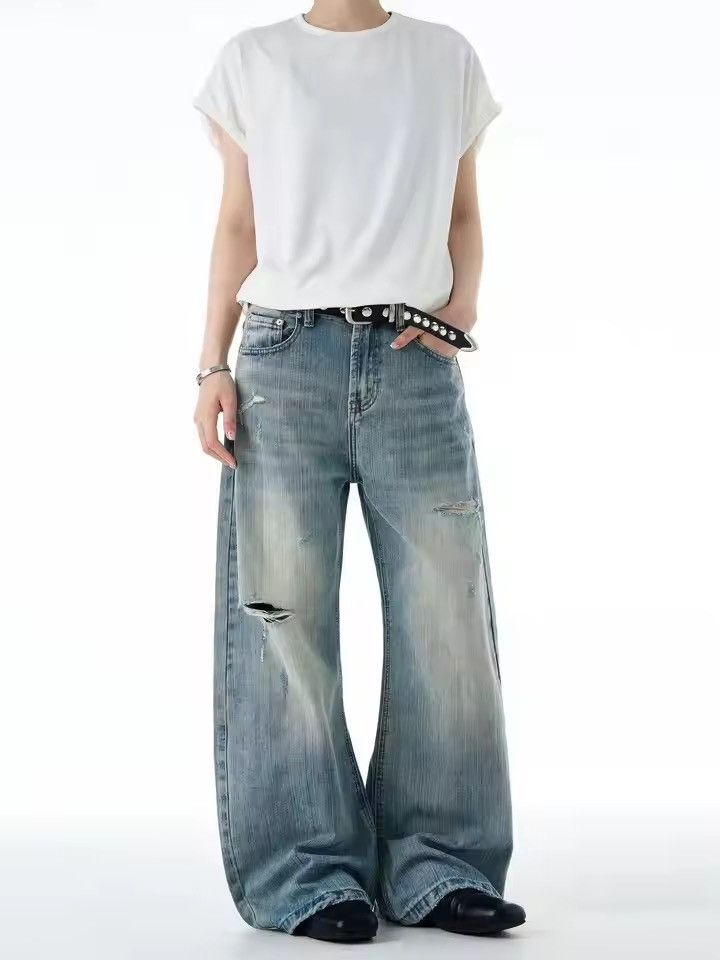Japanese Brand Cyber-Y2K Distressed Baggy Jeans - Wide-Leg Faded Wash Denim Size US 29 - 1 Thumbnail
