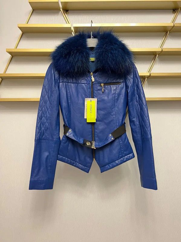 Versace Versace Blue Leather Women's Jacket with Fur Collar 0089 Size XS / US 0-2 / IT 36-38 - 1 Thumbnail