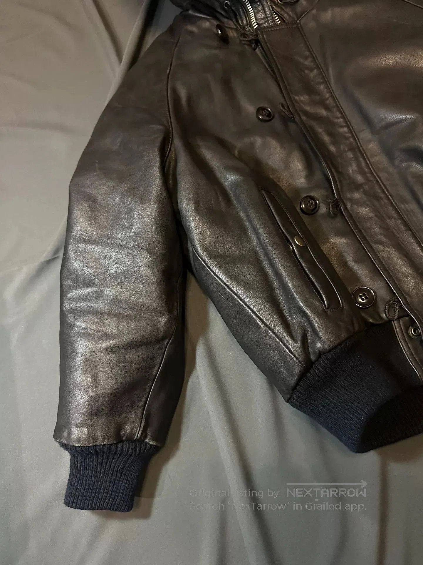 vintage black bomber leather jacket with hood.