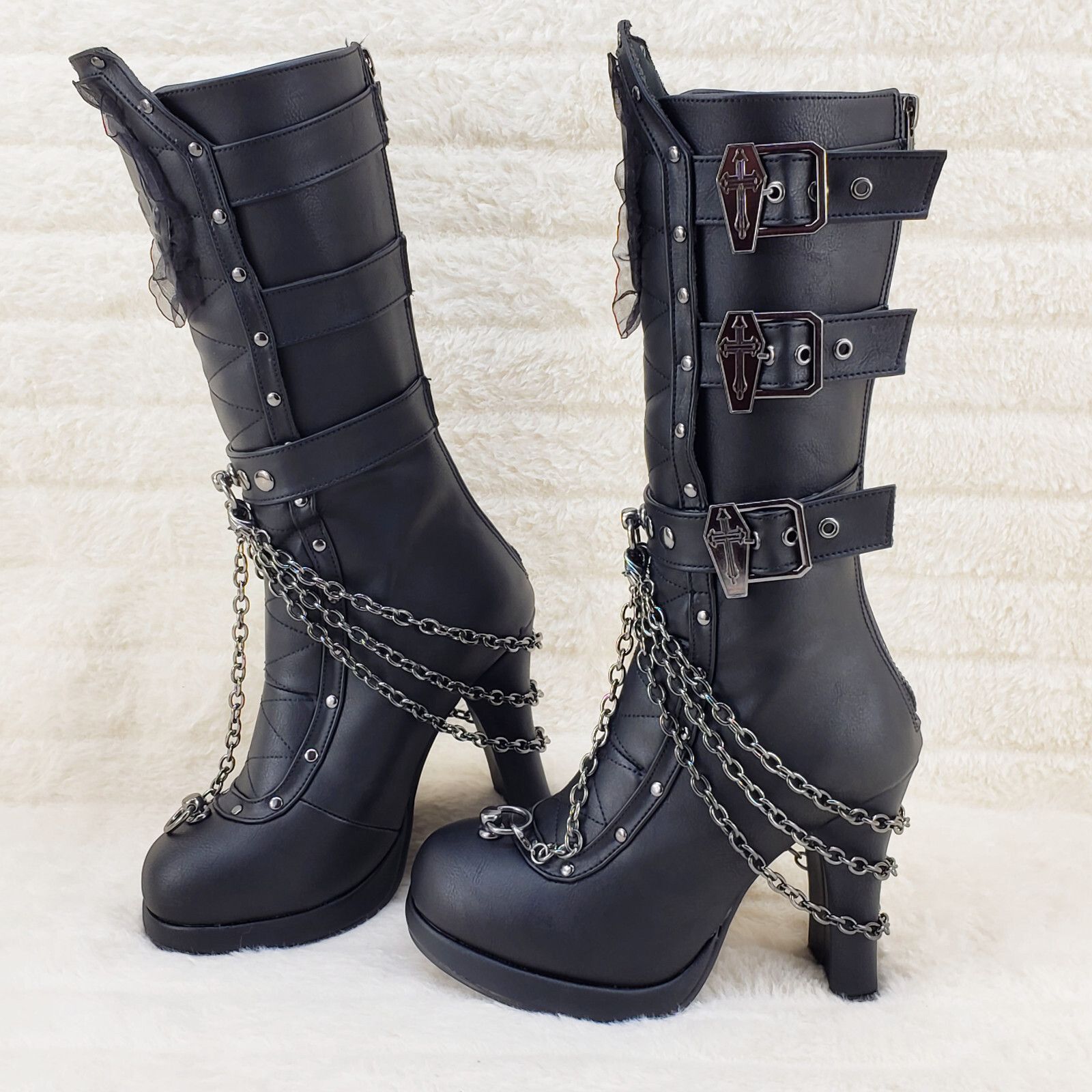 Other Crypto 67 Coffin Skull & Chain Black Mid Calf Platform Heel Size US 9 / IT 39 - 3 Thumbnail