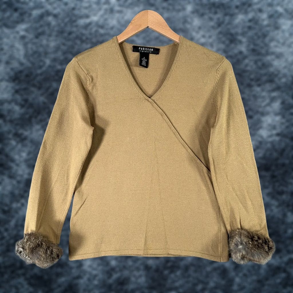 Vintage VINTAGE PARISIAN Signature Sweater Womens Small Brown Faux Wrap Long Sleeve V-Neck Fur Trim Cuffs Knit Wrap Top Size S / US 4 / IT 40 - 1 Thumbnail