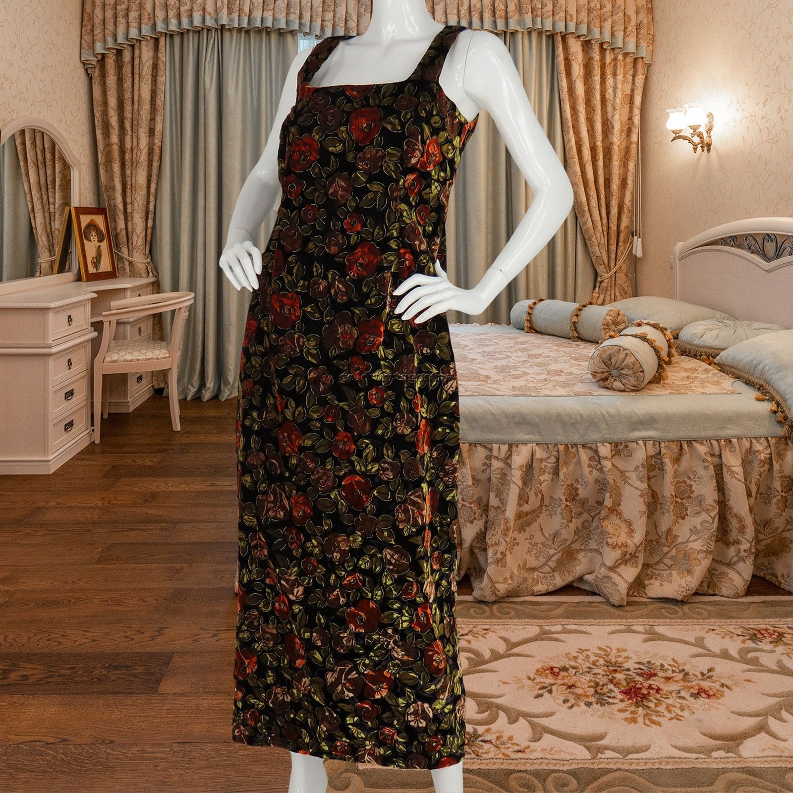 Vintage Floral Velvet Maxi Dress Grunge Party Mr9a Dresses