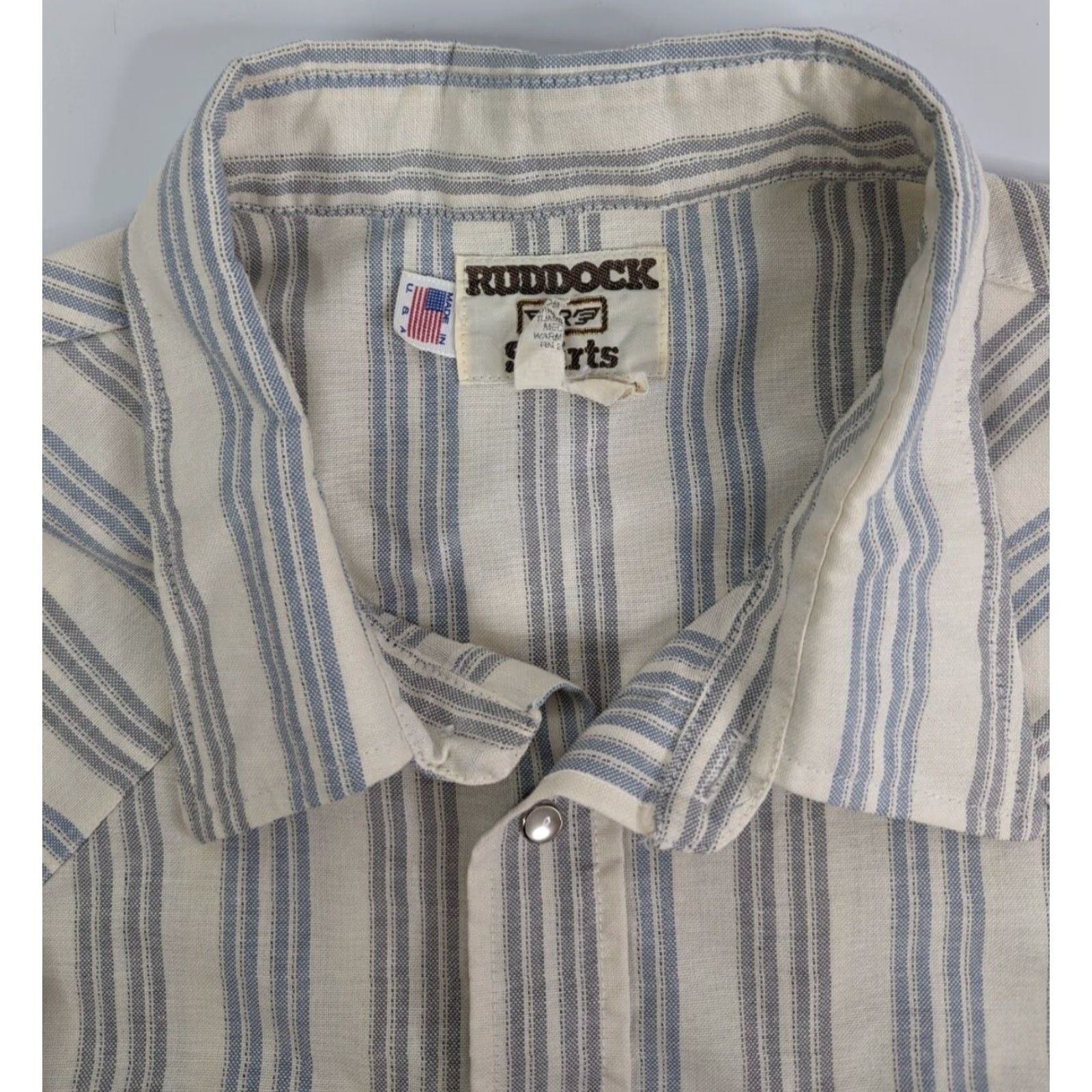 Vintage VINTAGE Ruddock Western Pearl Snap Shirt Big 18.5 65%polyester/35% Cotton Beige Short Sleeve Striped Button-Up Made in USA Mens Big & Tall Size US XXL / EU 58 / 5 - 7 Thumbnail