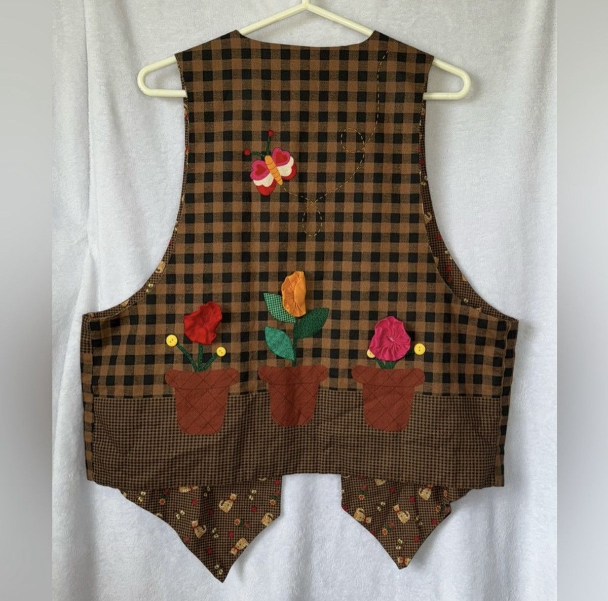 Vintage Handmade Large Brown Reversible Cat Floral Gingham Vest Size L / US 10 / IT 46 - 4 Thumbnail