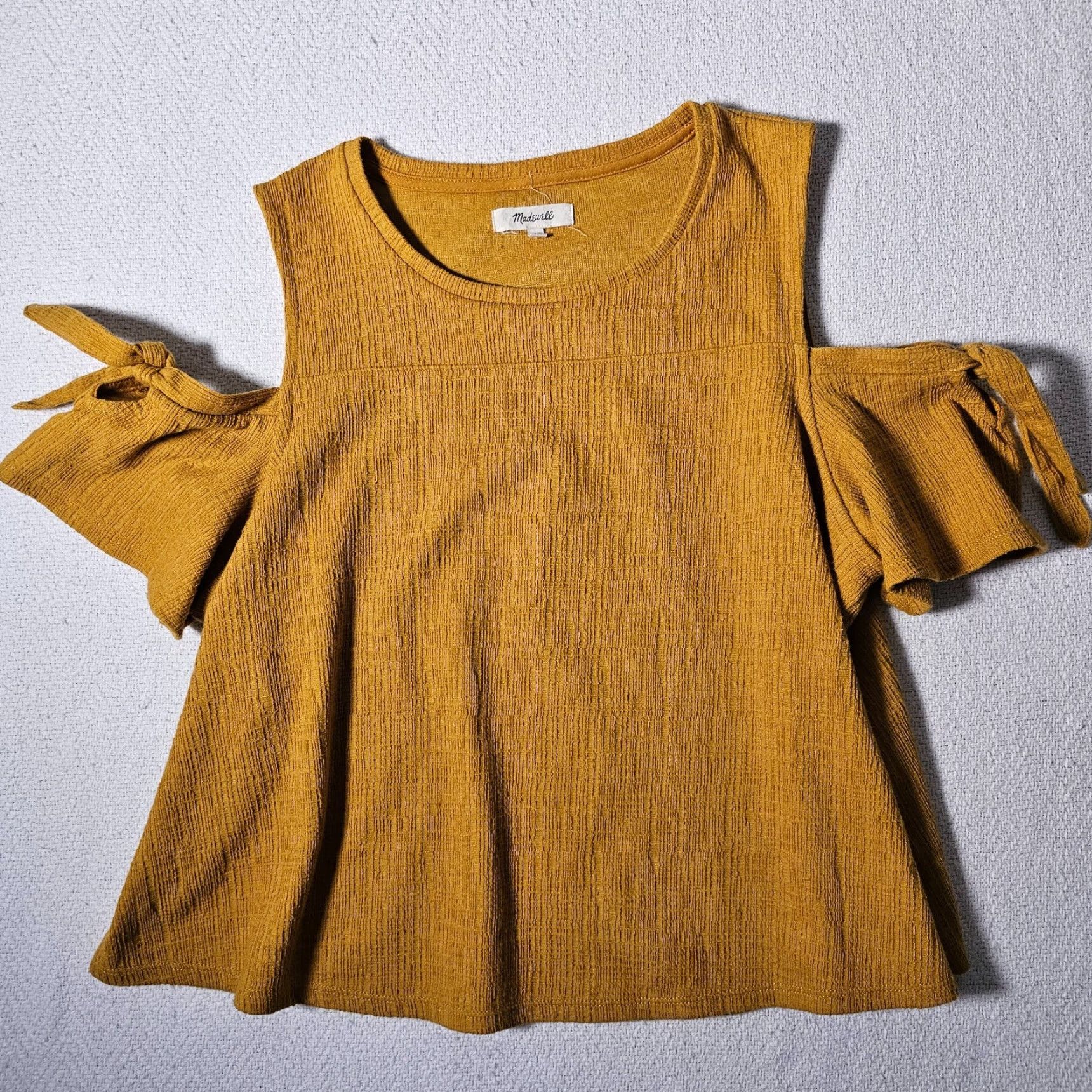 Madewell Madewell Cropped Blouse Women's L Off Shoulder Round Neck Yellow Mustard Textured Blouse Cropped Size L / US 10 / IT 46 - 5 Thumbnail
