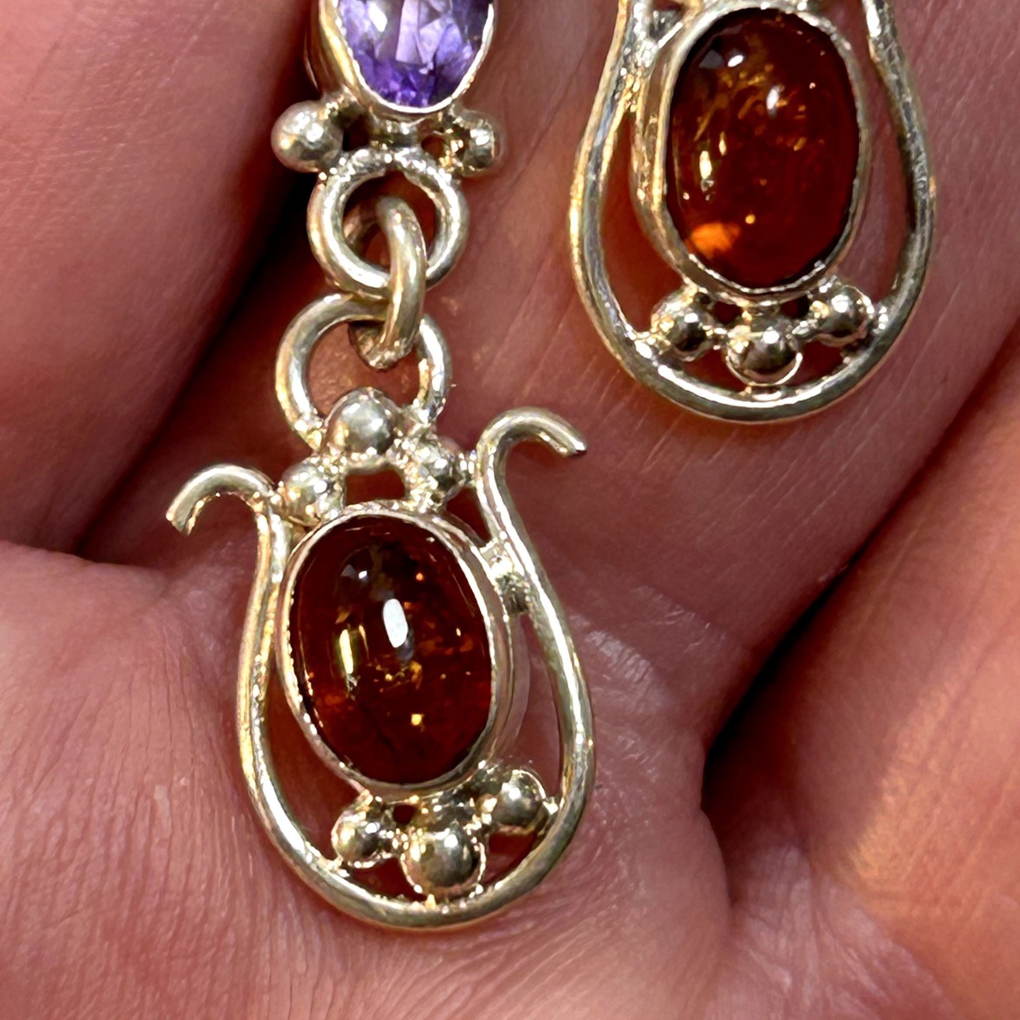 Vintage Sterling Silver 925 Amber & Amethyst Dangle Earrings Scroll Size ONE SIZE - 9 Thumbnail