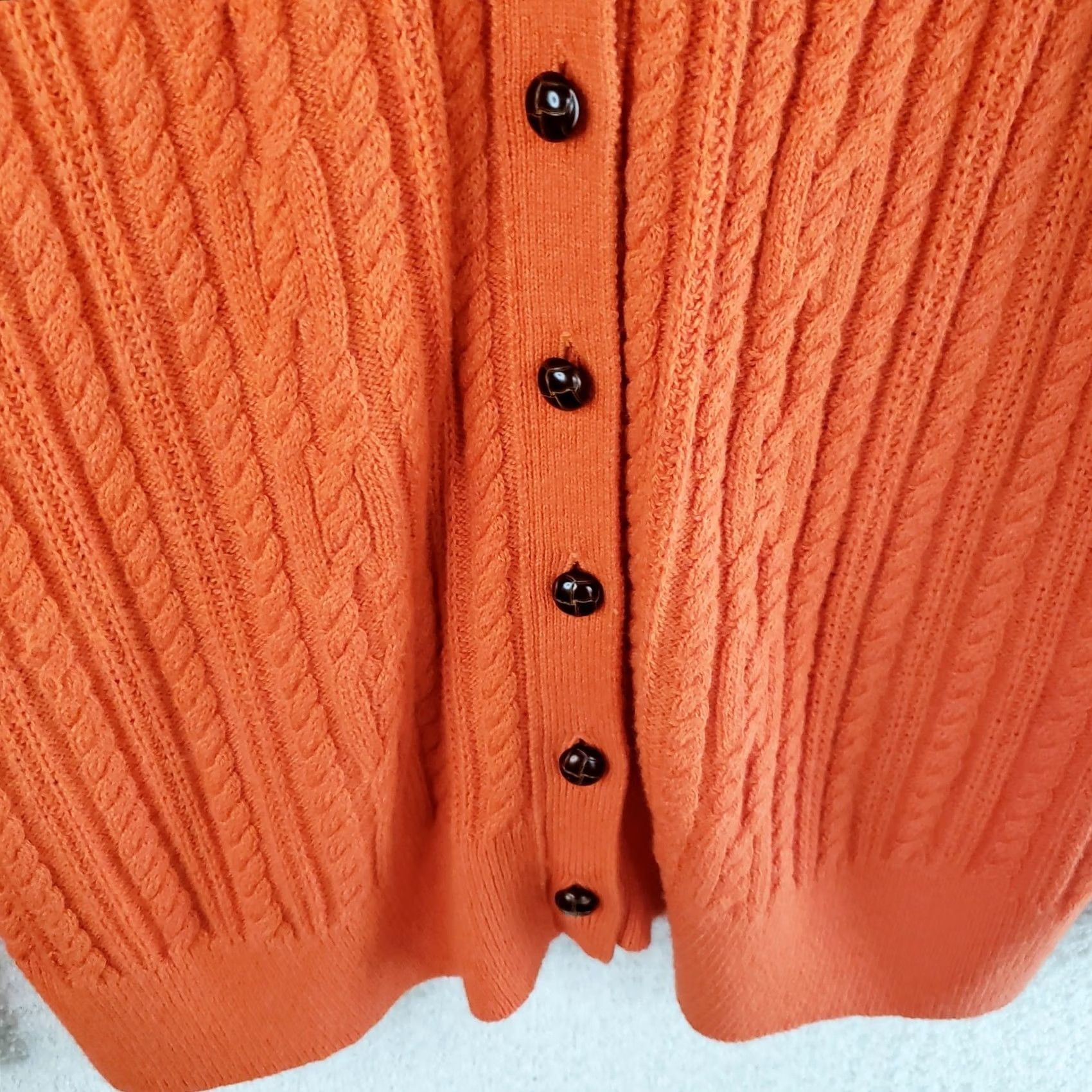 Lands' End Lands' End Women's XL Orange Cable Knit Cardigan Sweater Leather Look Buttons V-Neck Long Sleeve Knit Casual Fall Winter Spring Shirt/ Sweater Women Size XL / US 12-14 / IT 48-50 - 6 Thumbnail