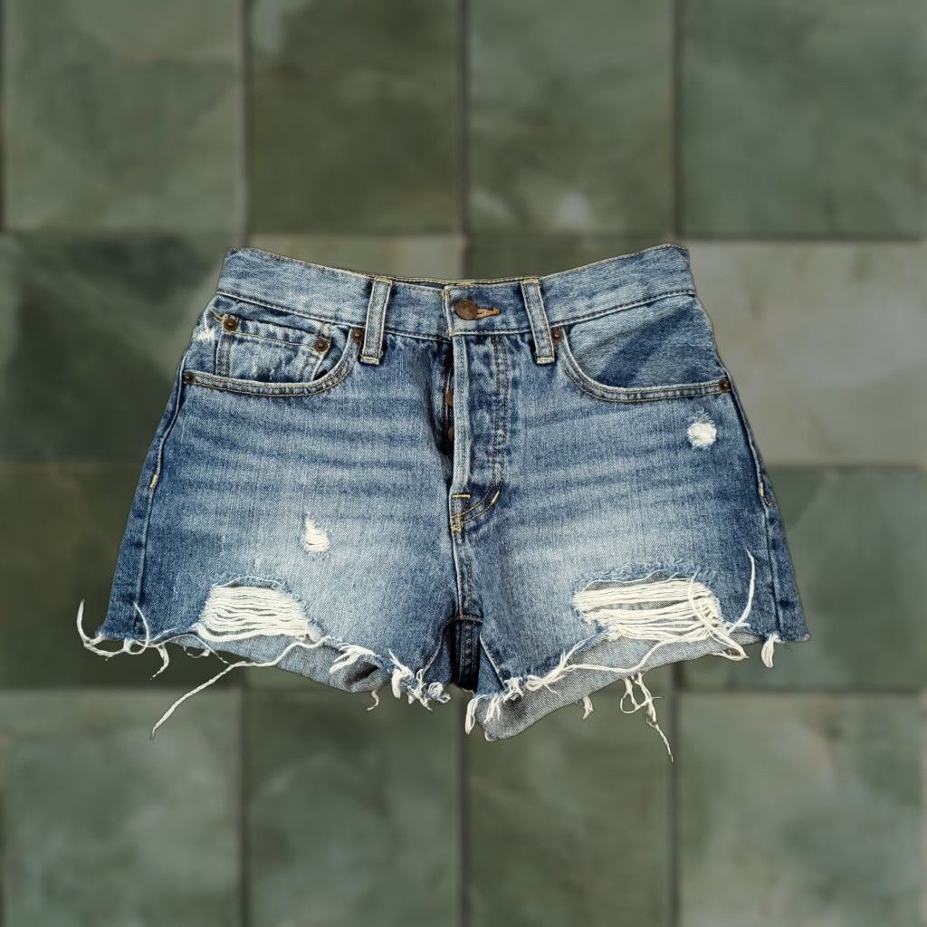 Vintage We The Free People Womens 25 Blue Denim Shorts Distressed Frayed Edge Size 42" / US 20 - 1 Thumbnail
