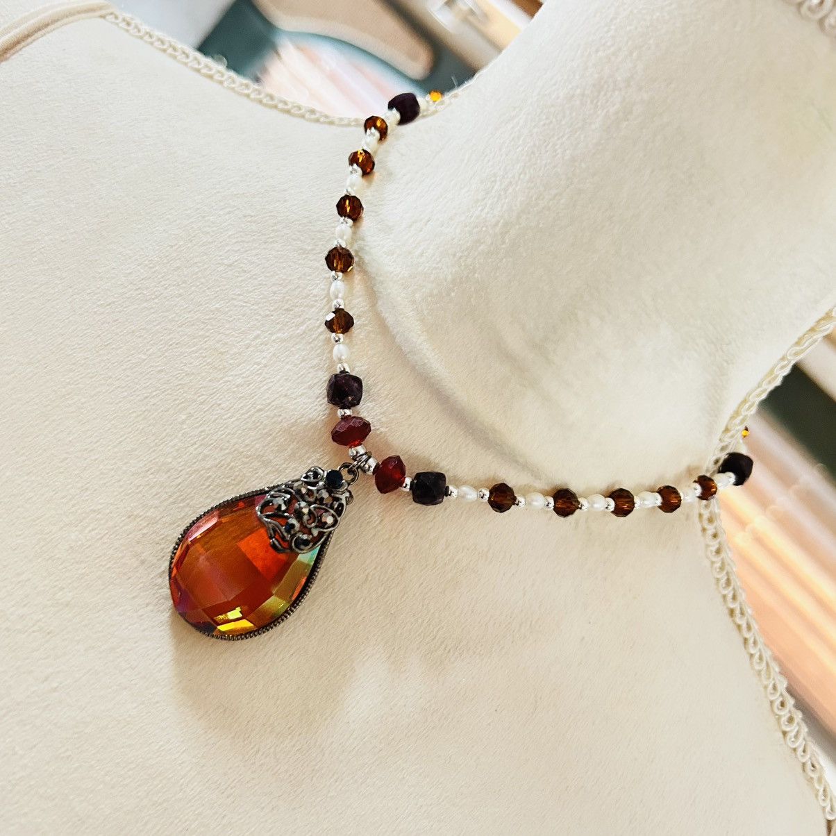 Handmade Handcrafted repurposed glass pearl garnet bead necklace Size ONE SIZE - 1 Thumbnail