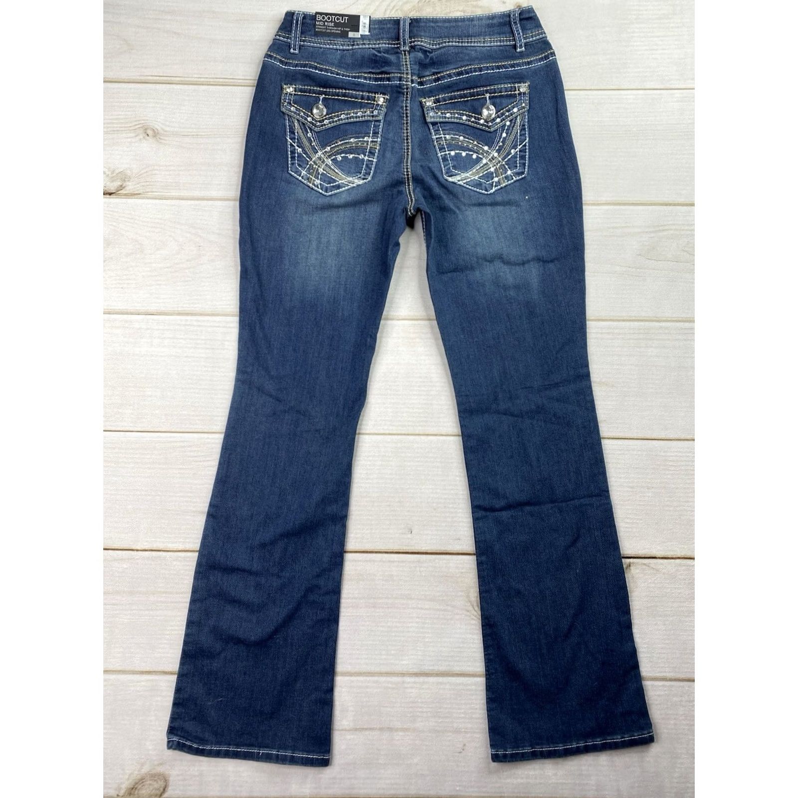 Apt. 9 Apt 9 Bootcut Jeans Sz 8 Dark Blue Denim Embellished Back Flap Pockets NWT Size 29" - 7 Thumbnail