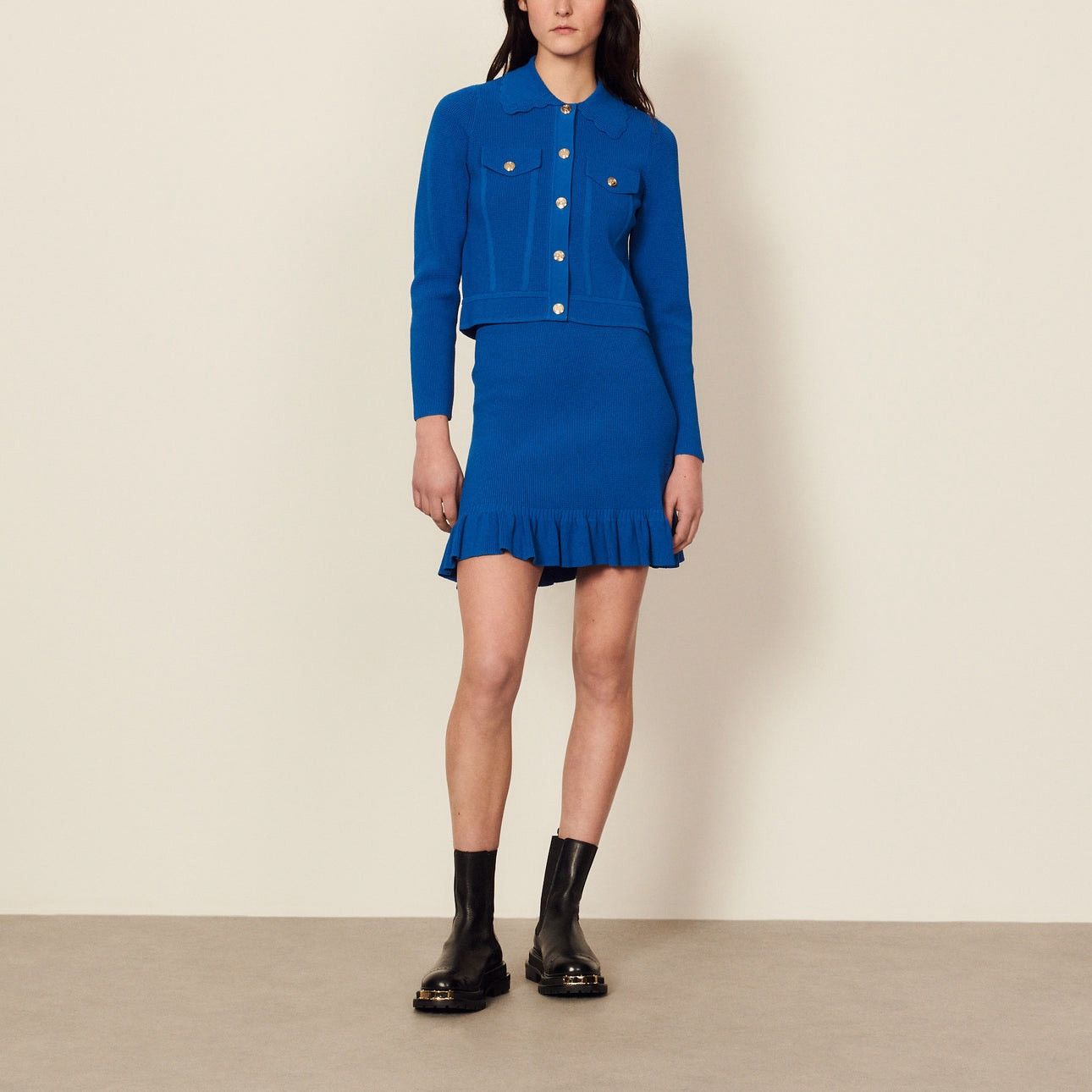 Sandro Sandro Paco Scalloped Ribbed-Knit in Blue Cardigan Size L / US 10 / IT 46 - 11 Thumbnail