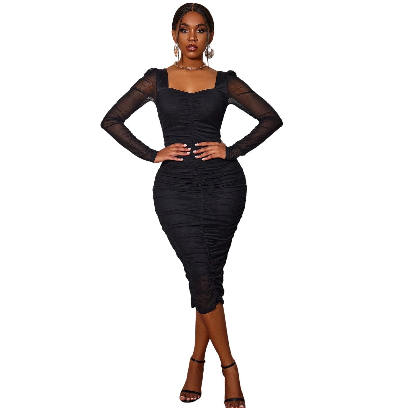 Shein Black Mesh Ruched Bodycon Midi Dress Size L / US 10 / IT 46 - 2 Thumbnail