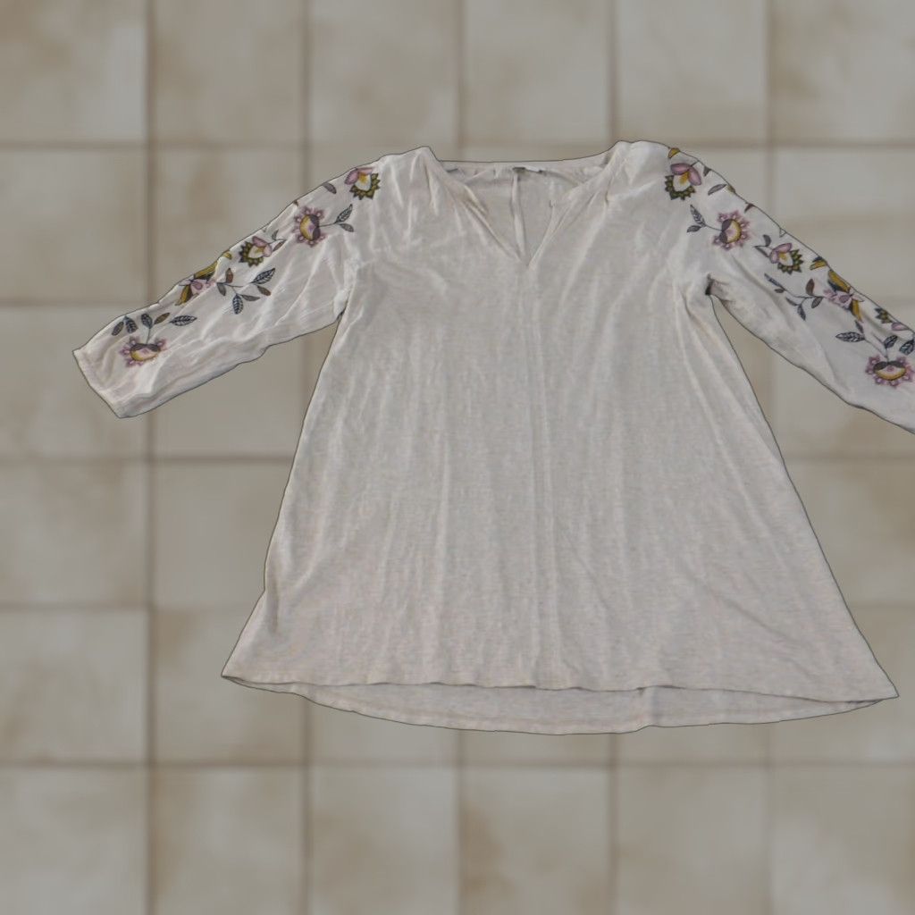 J. Jill J. Jill Blouse Shirt Womens Small Beige Floral Embroidered Knit V-Neck Cap Sleeve Pullover Casual Size S / US 4 / IT 40 - 1 Thumbnail