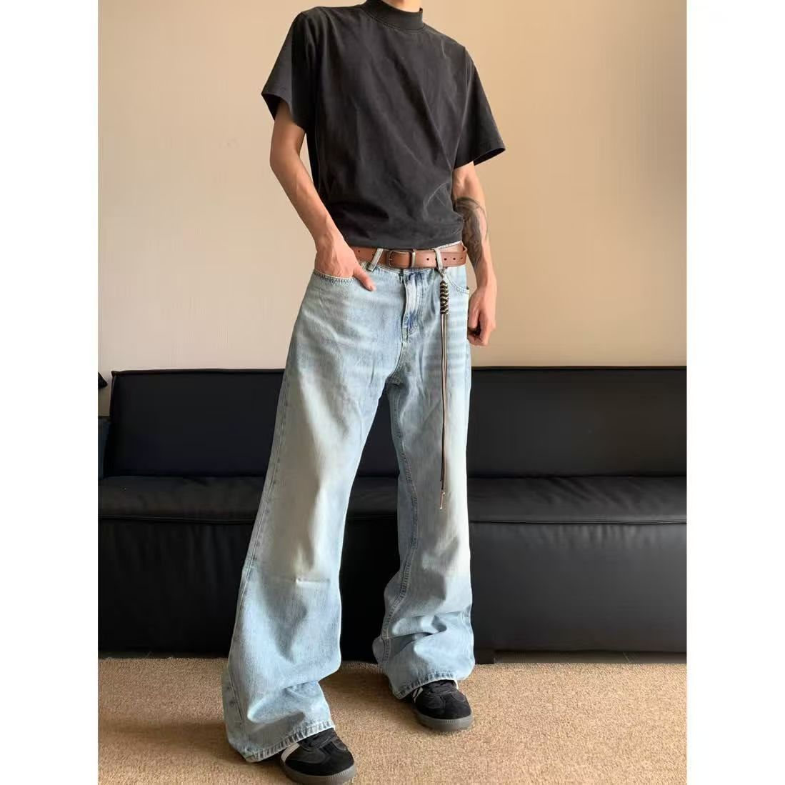 Jean Men's blue washed vintage wide-leg flared jeans y2k Size US 32 / EU 48 - 2 Thumbnail