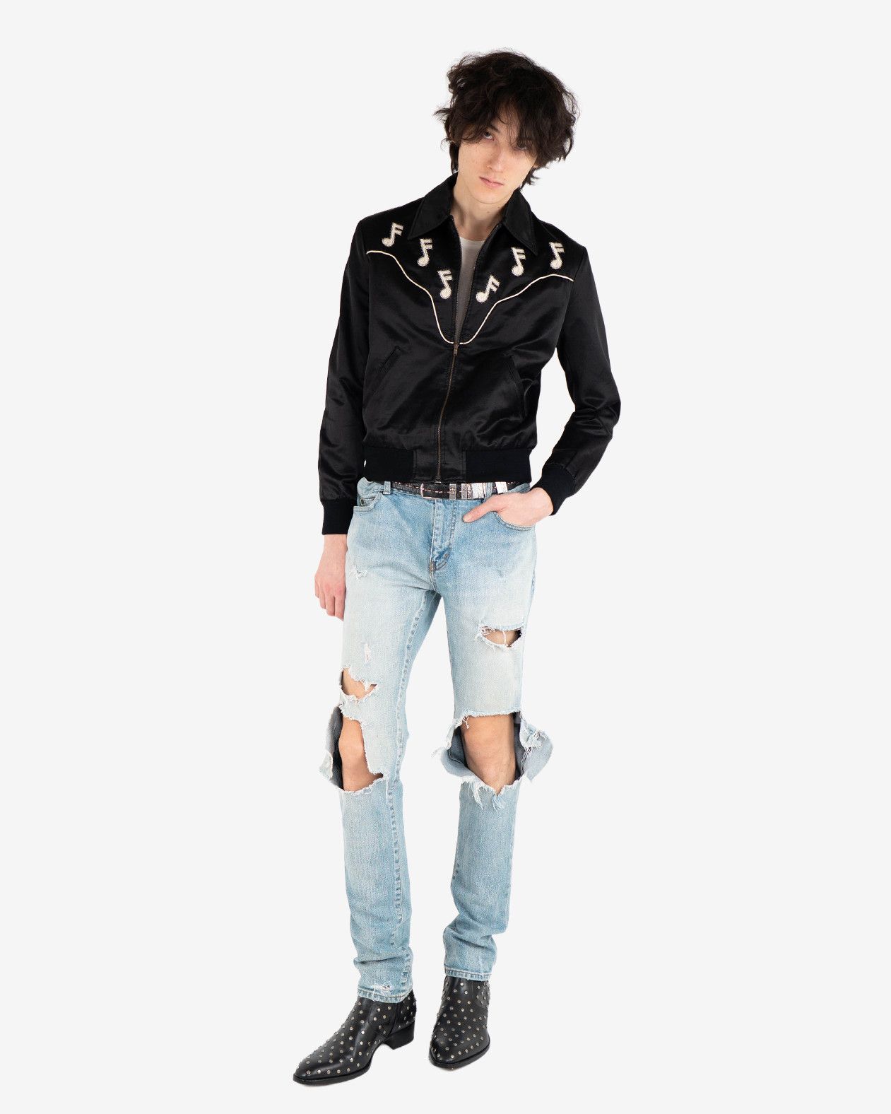 Saint Laurent Paris Black Music Note Satin Jacket (FW16) Size US S / EU 44-46 / 1 - 8 Thumbnail