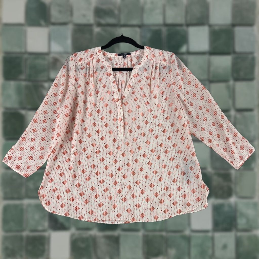 NYDJ NYDJ The Perfect Shirt Womens White Geometric Print V-Neck 3/4 Sleeve Size Small Size S / US 4 / IT 40 - 1 Thumbnail