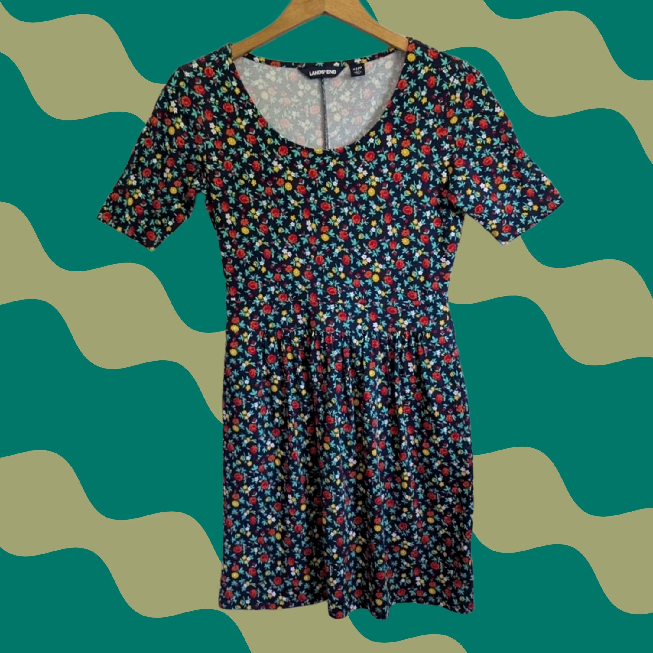 Lands' End Lands' End Floral Fit & Flare Dress Navy Blue Short Sleeve XS Petite Knit Stretch Knee Length Women Size 26" / US 2 / IT 38 - 1 Thumbnail
