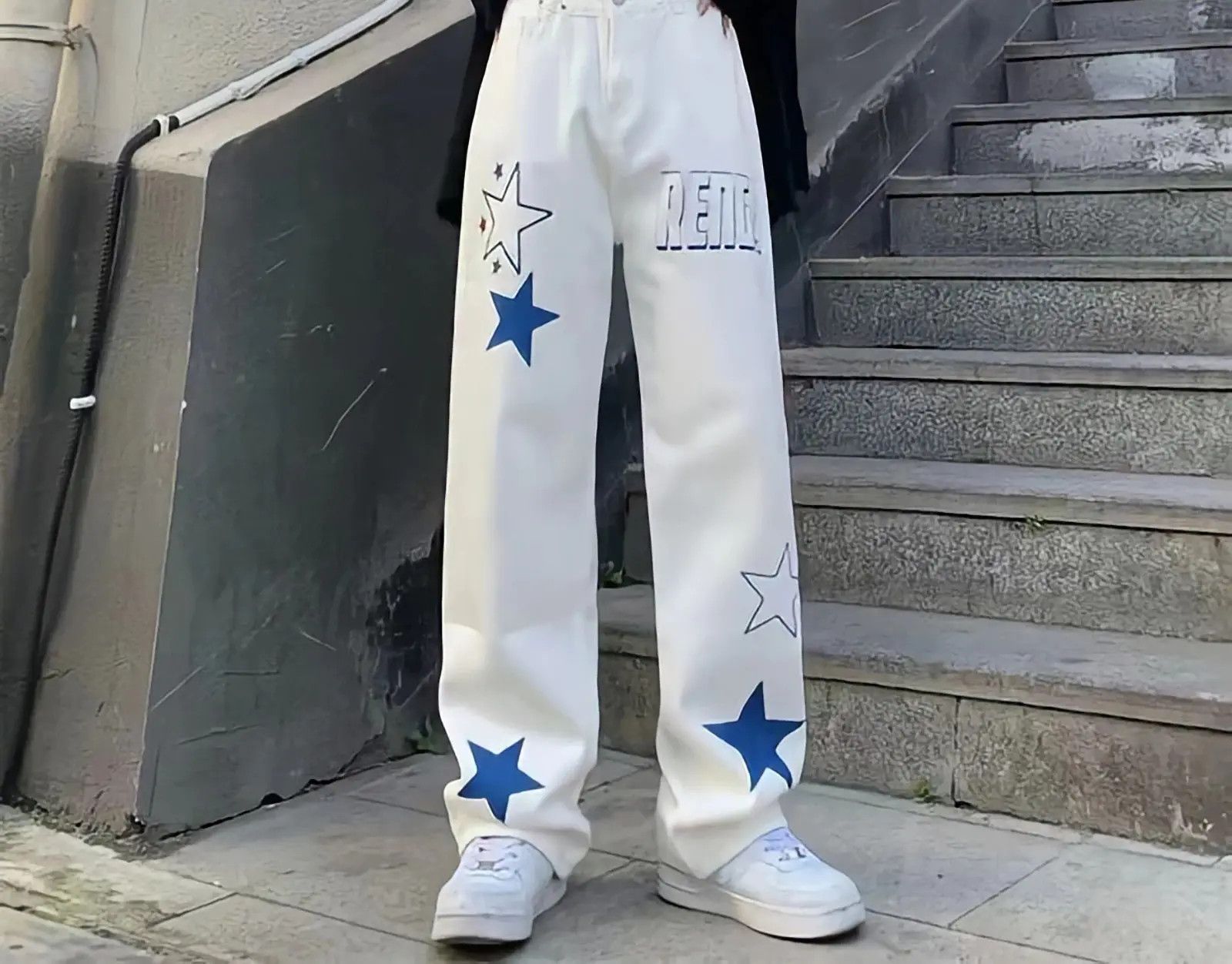 image of Stars Pattern Graffiti Trousers Straight Wide Leg Pants in White, Men's (Size 32)