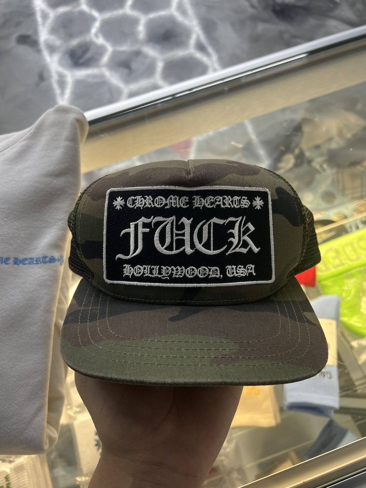 image of Chrome Hearts Fck Trucker Hat in Green Camo, Men's