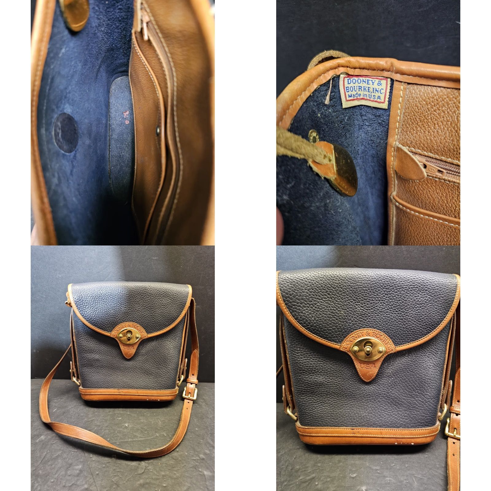 Dooney & Bourke VINTAGE Dooney & Bourke All Weather Leather Pebbled Finish Spectator Bag Navy Blue Bucket Bag Women Medium Brown Leather Strap 11" Gold Hardware Size ONE SIZE - 9 Thumbnail