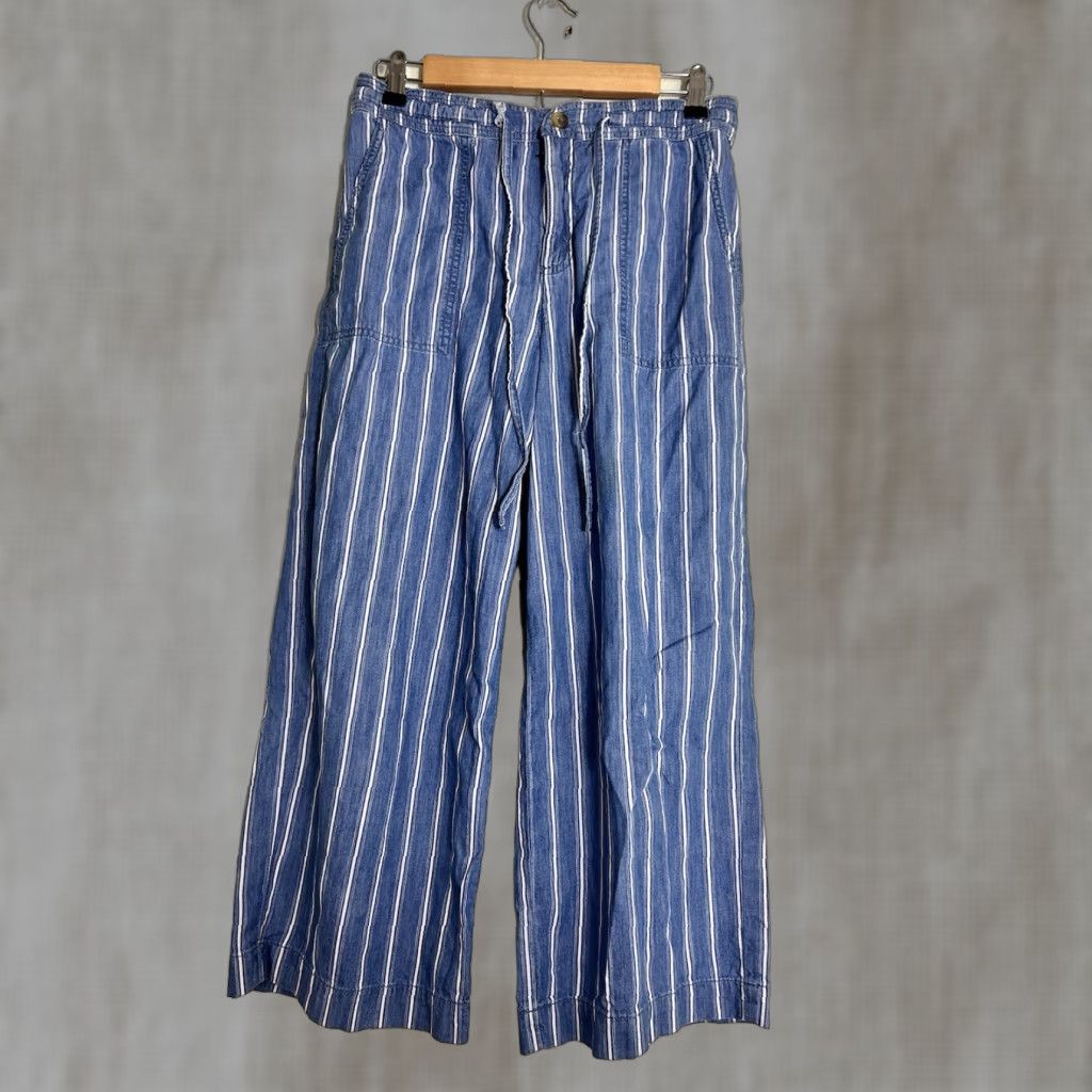 American Eagle Outfitters American Eagle Striped Chambray Wide Leg Pants Tie Waist Blue White Sz 4 Womens Pants Size 27" / US 4 / IT 40 - 1 Thumbnail