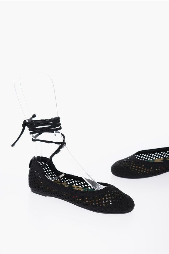 image of Dior Lace-Up Macramé Poeme Ballerinas Shoes in Black, Women's (Size 6)