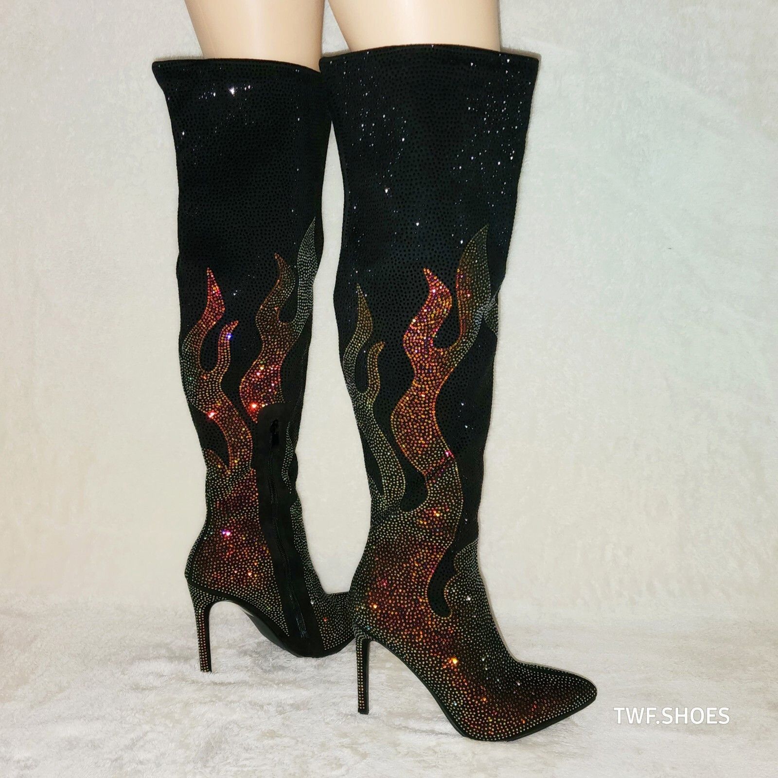 Other Like It Hot Black Rhinestone Flame Detail Sexy OTK High Heel Size US 8 / IT 38 - 1 Thumbnail