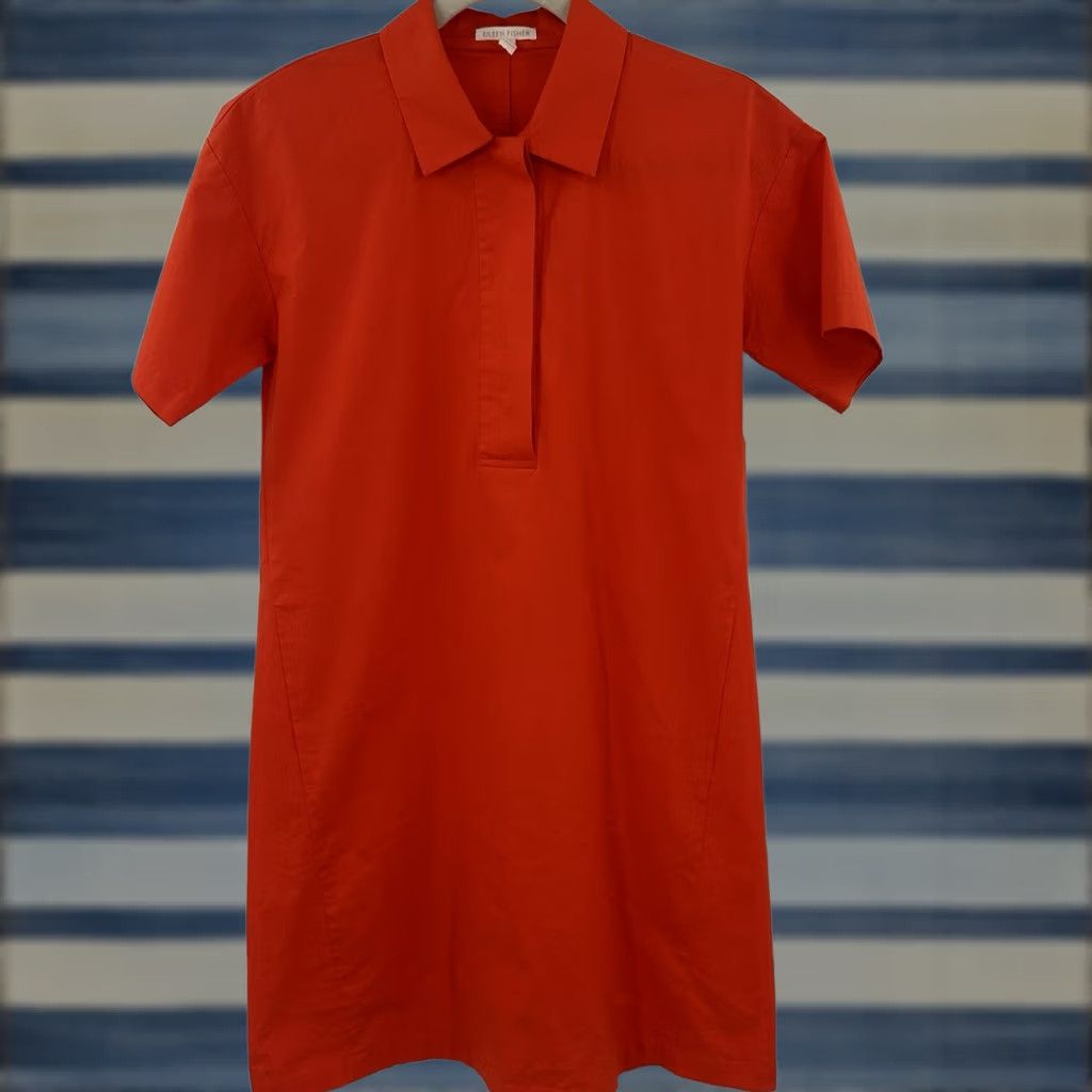 Eileen Fisher Eileen Fisher Shirt Dress Womens Orange Cotton Blend Short Sleeve Collared Knee Length Pockets Casual Workwear 2XS Size XXS / US 00 / IT 34 - 1 Thumbnail
