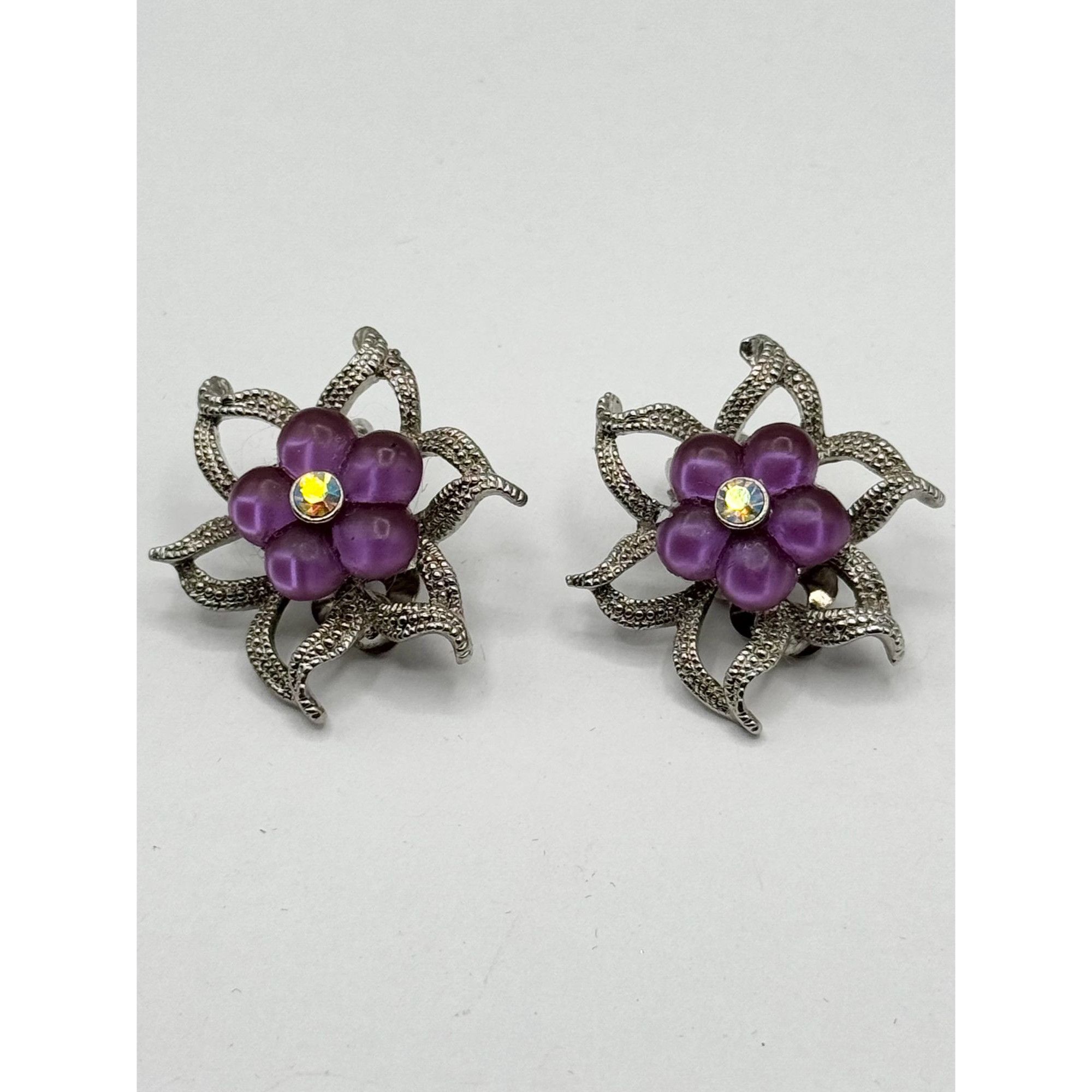 Vintage Vintage Purple moon glow flower silver rhinestone earrings Size ONE SIZE - 3 Thumbnail